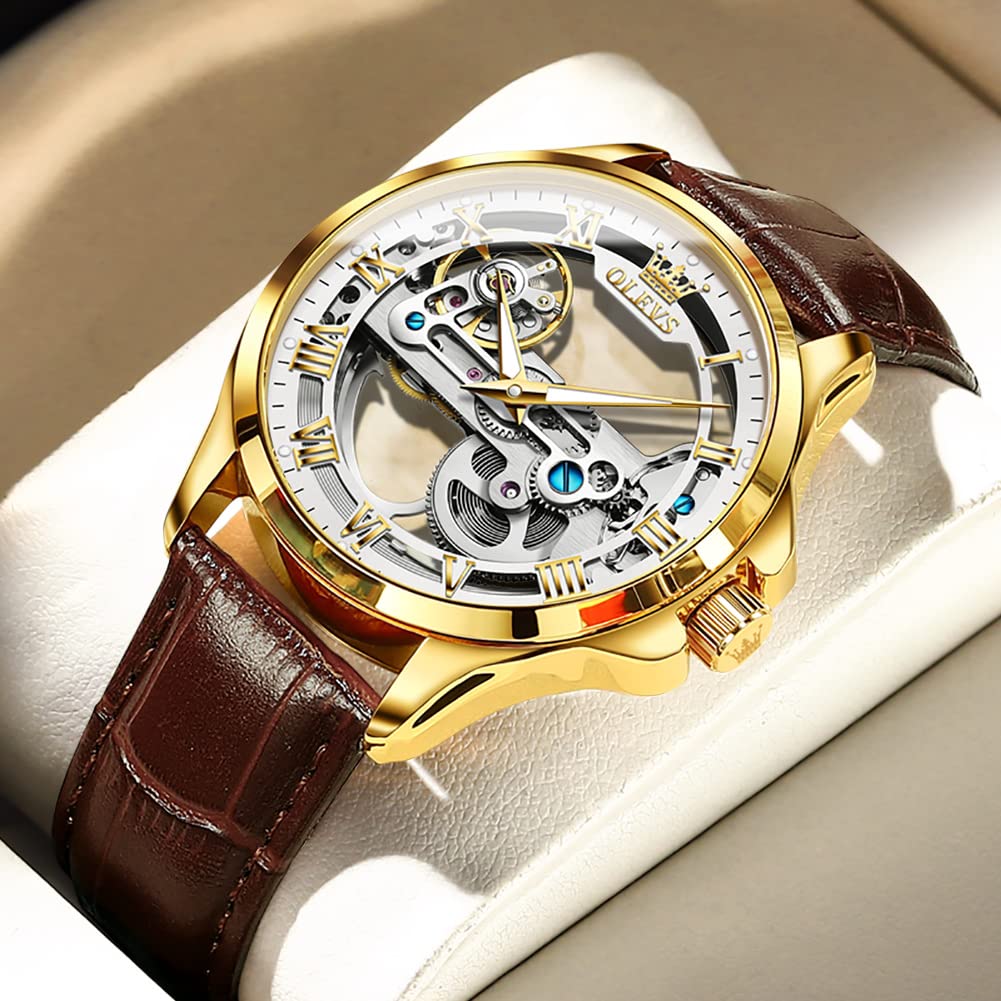 OLEVS Men's Skeleton Automatic Watch - Self Winding Mechanical Dress Watch with Leather Band, Large Face, Waterproof - Perfect for Business, Casual & Formal Occasions