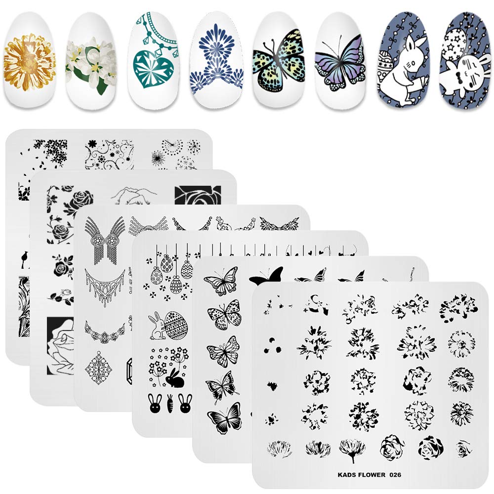 6 Pcs Nail Art Stamping Plates Set - Floral Butterfly Bunny Designs for DIY Manicure & Nail Decoration | Includes 1 Polish Stamper | Perfect for Home Salon, Parties & Gifts