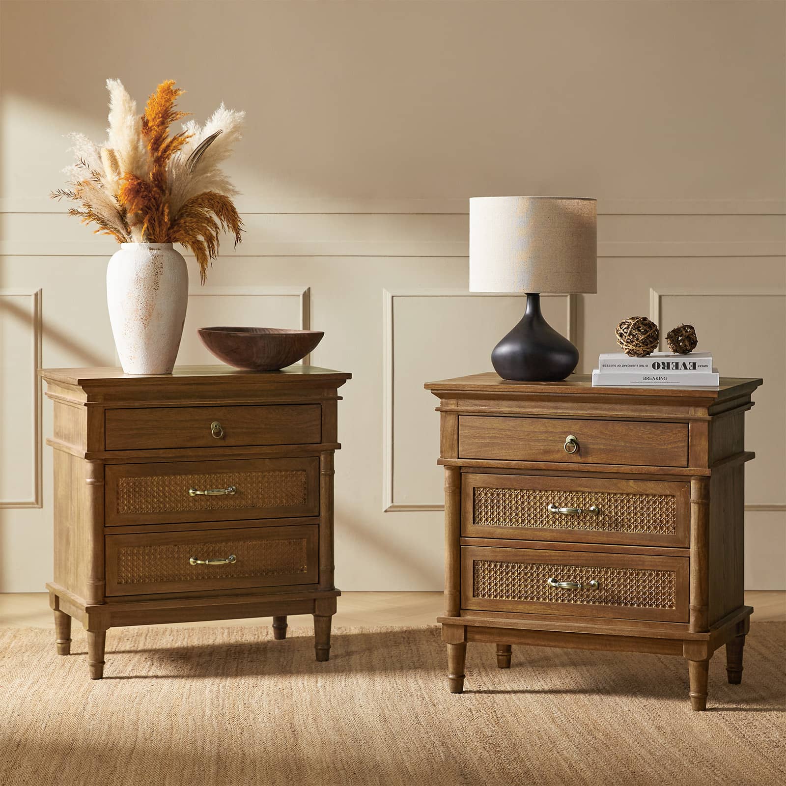 Emilio 3-Drawer Solid Wood Nightstand with USB Charging Port - Modern Bedside Table for Bedroom, Living Room & Office - Perfect for Charging Devices & Storage
