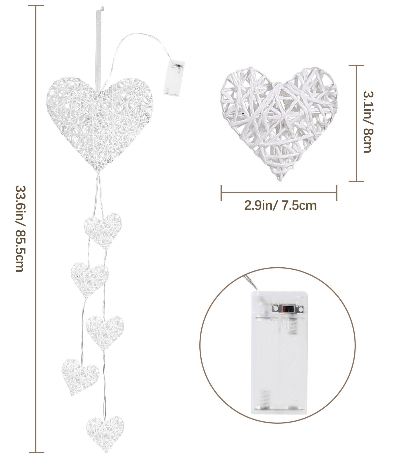 Lewondr Heart-Shaped Rattan Hanging Light - Battery Operated Fairy Lights with Timer for Indoor Decor, Kids Room, Bedroom, Window & Party Decorations - White | Perfect for Nursery, Wedding, Christmas & Cozy Ambiance Lighting
