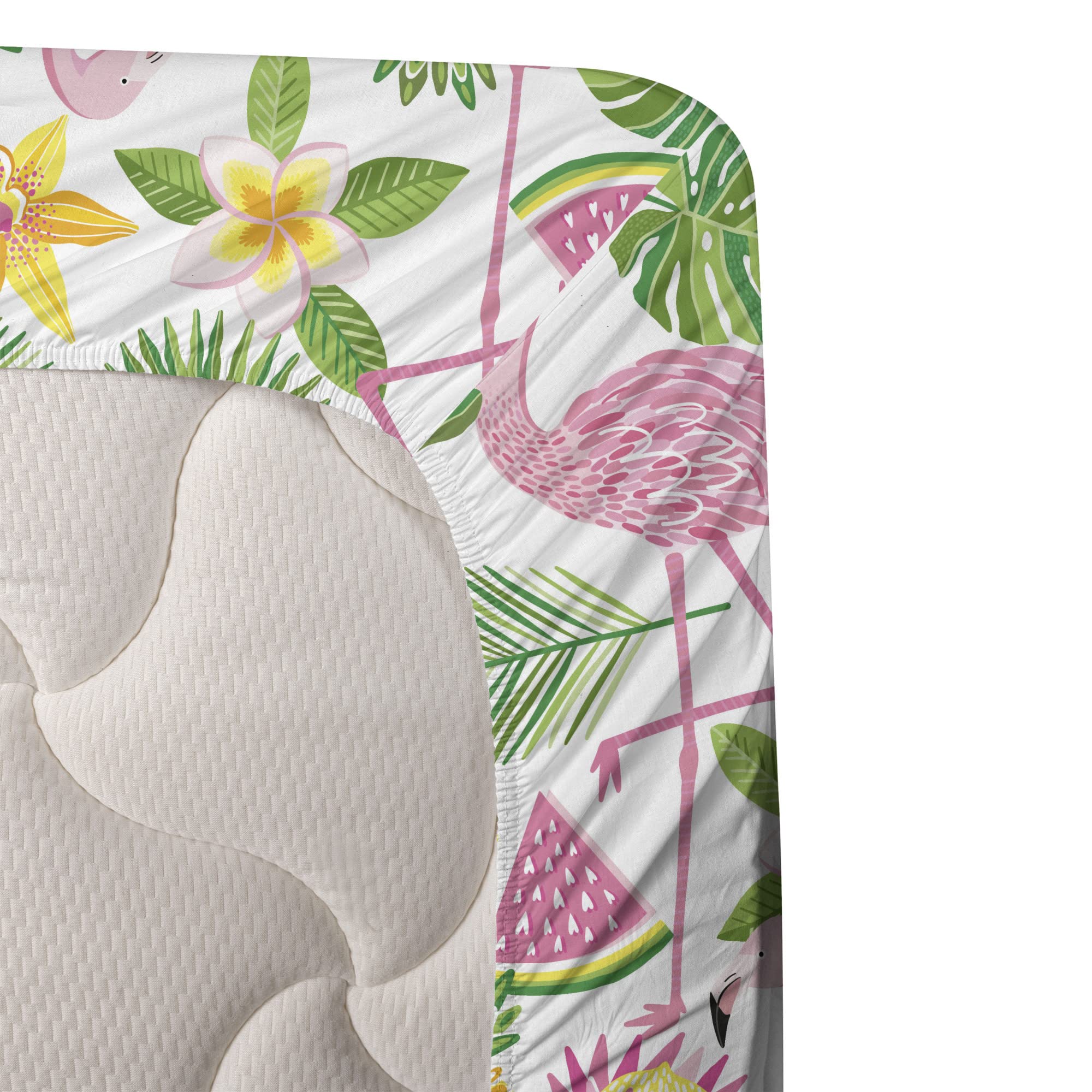 Ambesonne Exotic Flamingo Watermelon Pineapple Tropical Print 4-Piece King Sheet Set - Pink Green Mustard Bedding for Beach House, Summer Decor & Boho Chic Bedroom