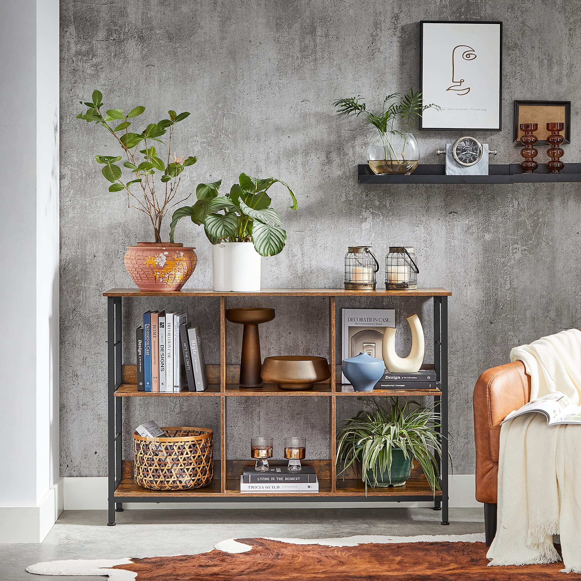 VASAGLE 6-Cube Storage Shelf, Industrial Bookshelf & TV Stand, Rustic Brown & Black, 13 x 47.2 x 31.5 Inches - Perfect for Living Room, Bedroom, Office Organization & Home Decor