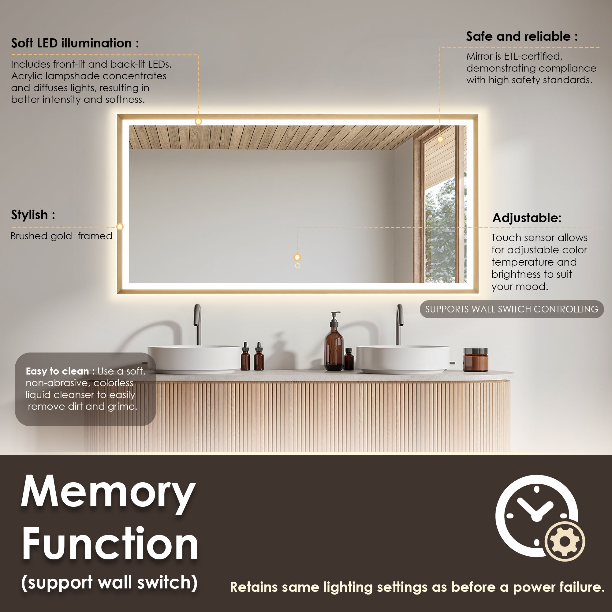 Apollo Rectangular Anti-Fog Dimmable LED Bathroom Mirror - Modern Vanity Wall Mirror with Aluminum Frame - Perfect for Makeup, Shaving & Home Decor