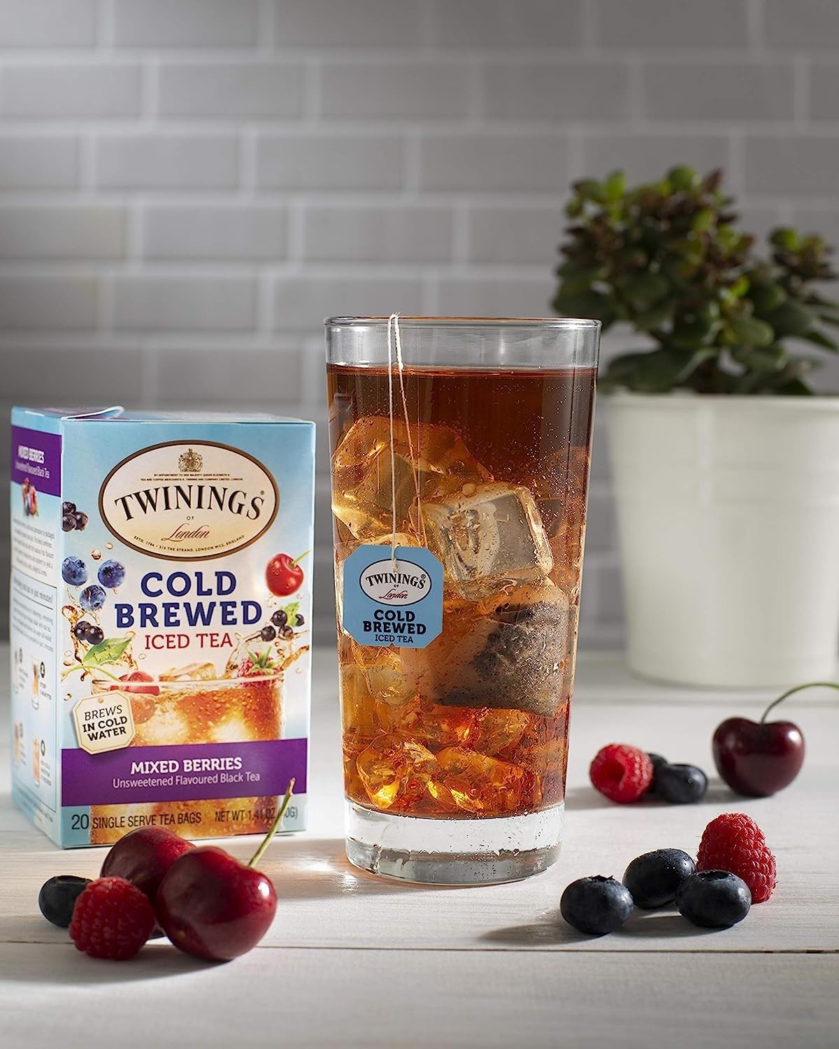 Twinings Mixed Berries Cold Brew Iced Tea Bags - Unsweetened Flavored Black Tea with Caffeine, 20 Count (Pack of 6) | Refreshing Summer Drink for Picnics, Office & Home Relaxation