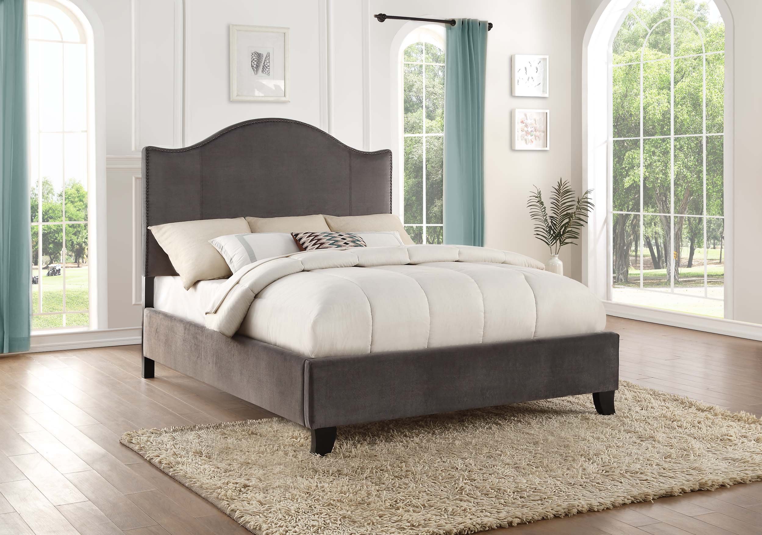 Lexicon Queen Bed Frame with Upholstered Headboard - Traditional Velvet Bed Frame Queen Size with Nailhead Trim & Camelback Design - No Box Spring Needed, Easy Assembly, Gray - Perfect for Master Bedrooms & Guest Rooms