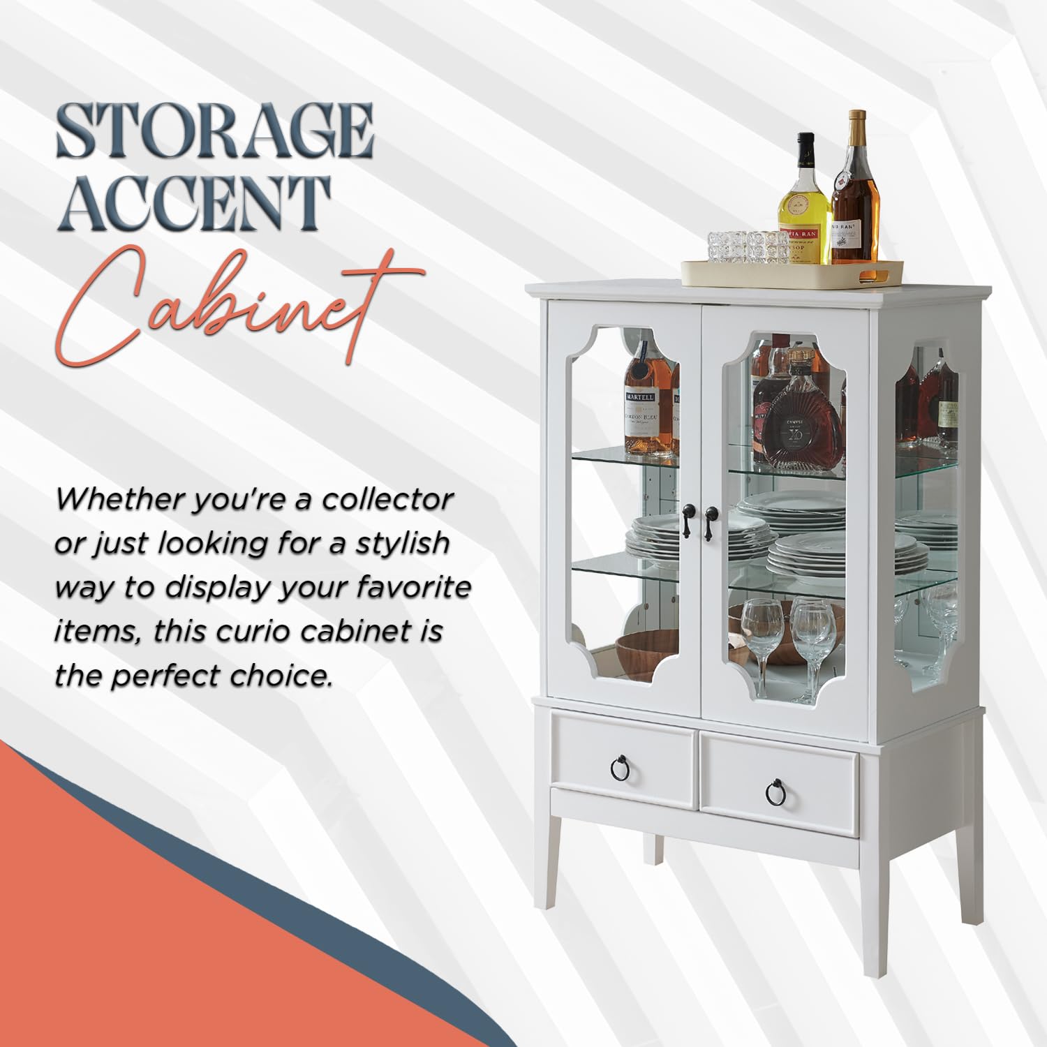 Kings Brand Furniture - White Curio Accent Storage Cabinet with Glass Shelves, Doors & Drawers - Sideboard Buffet Display Cabinet for Living Room, Dining Room & Kitchen - Perfect for Showcasing Collectibles, Storing China & Entertaining Guests