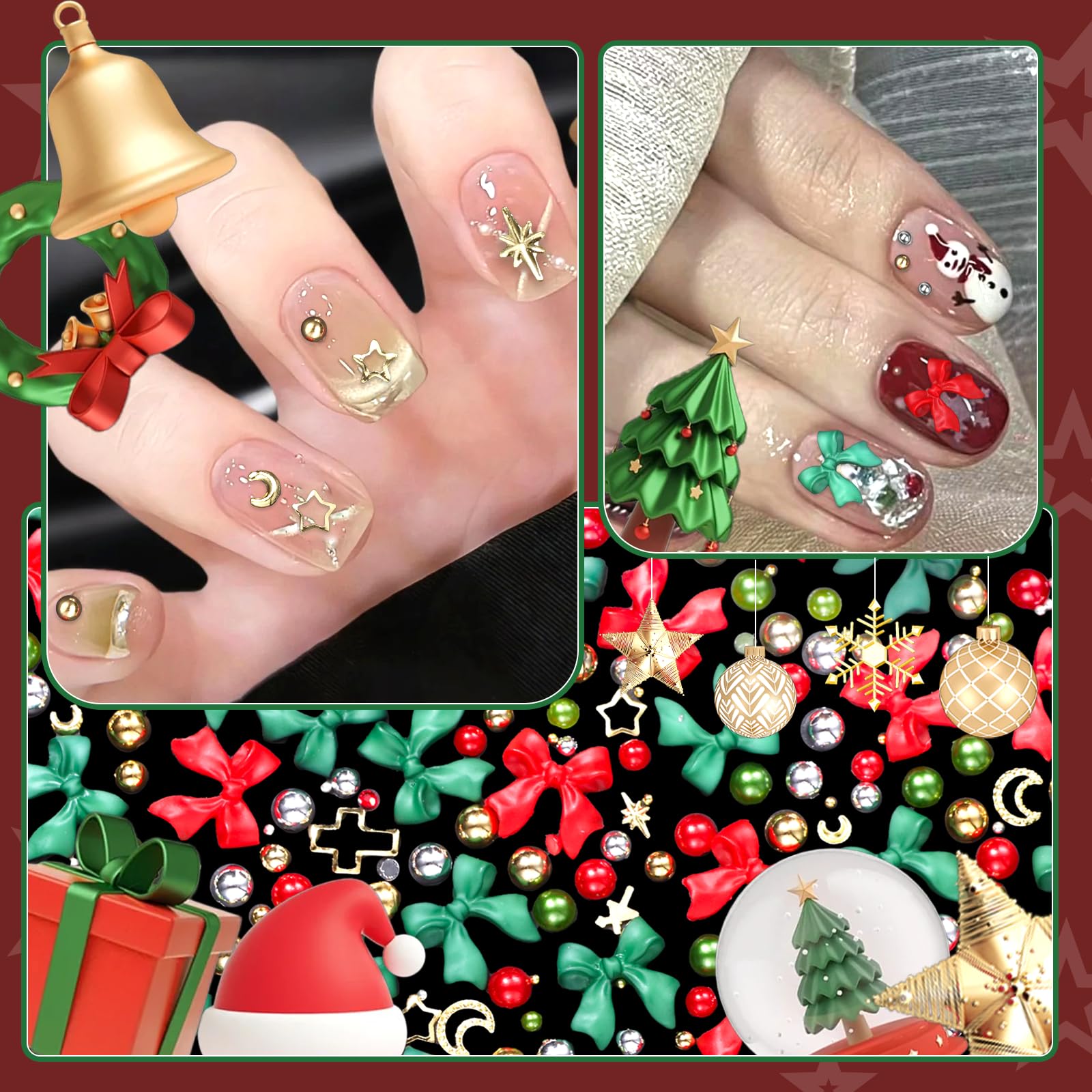 3D Red Bow Nail Charms & Pearls - Silver Gold Nail Caviar Beads, Star Moon Rivet Gems for DIY Nail Art Design | Perfect for Manicures, Salon Nail Decorations & Gift Giving