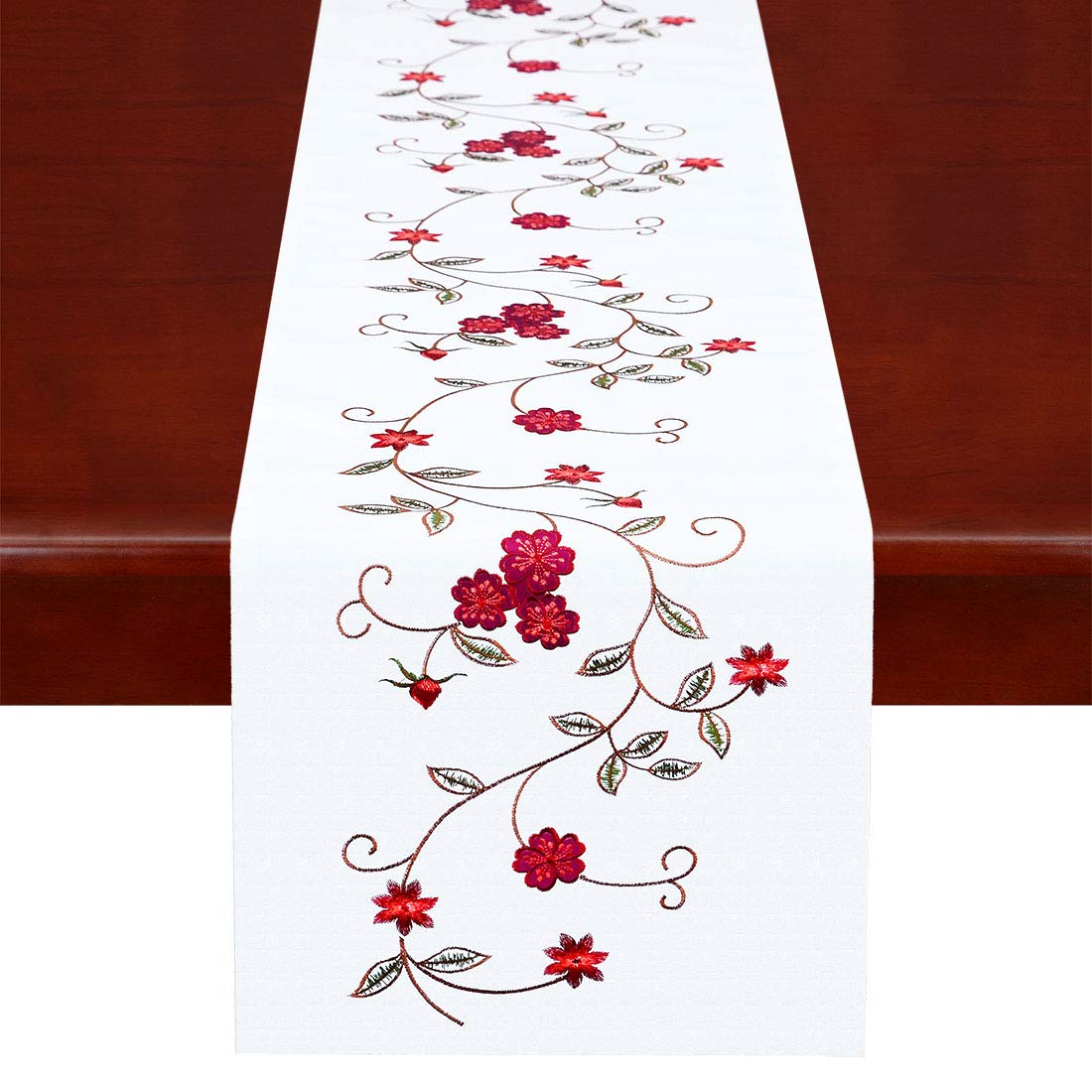 Simhomesen Double Thickness Rustic Embroidered Floral Table Runner - Burgundy 14x70 Inch - Spring Summer Farmhouse Decor for Dining Table, Buffet, Dresser, Wedding & Home Decoration