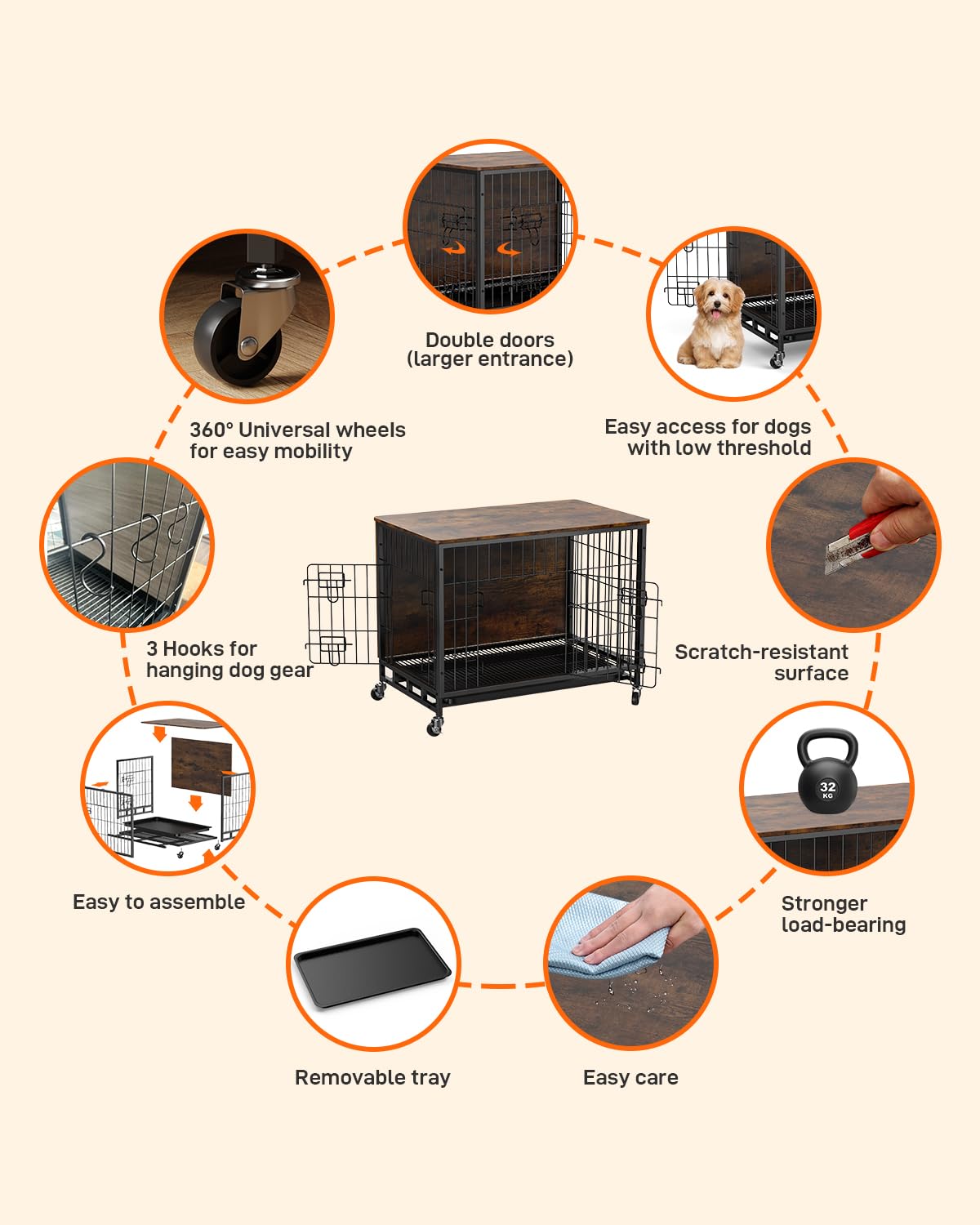 2024 Deluxe Wooden Dog Crate Furniture - Heavy-Duty Double-Door Kennel with Removable Tray & Wheels, 27.2