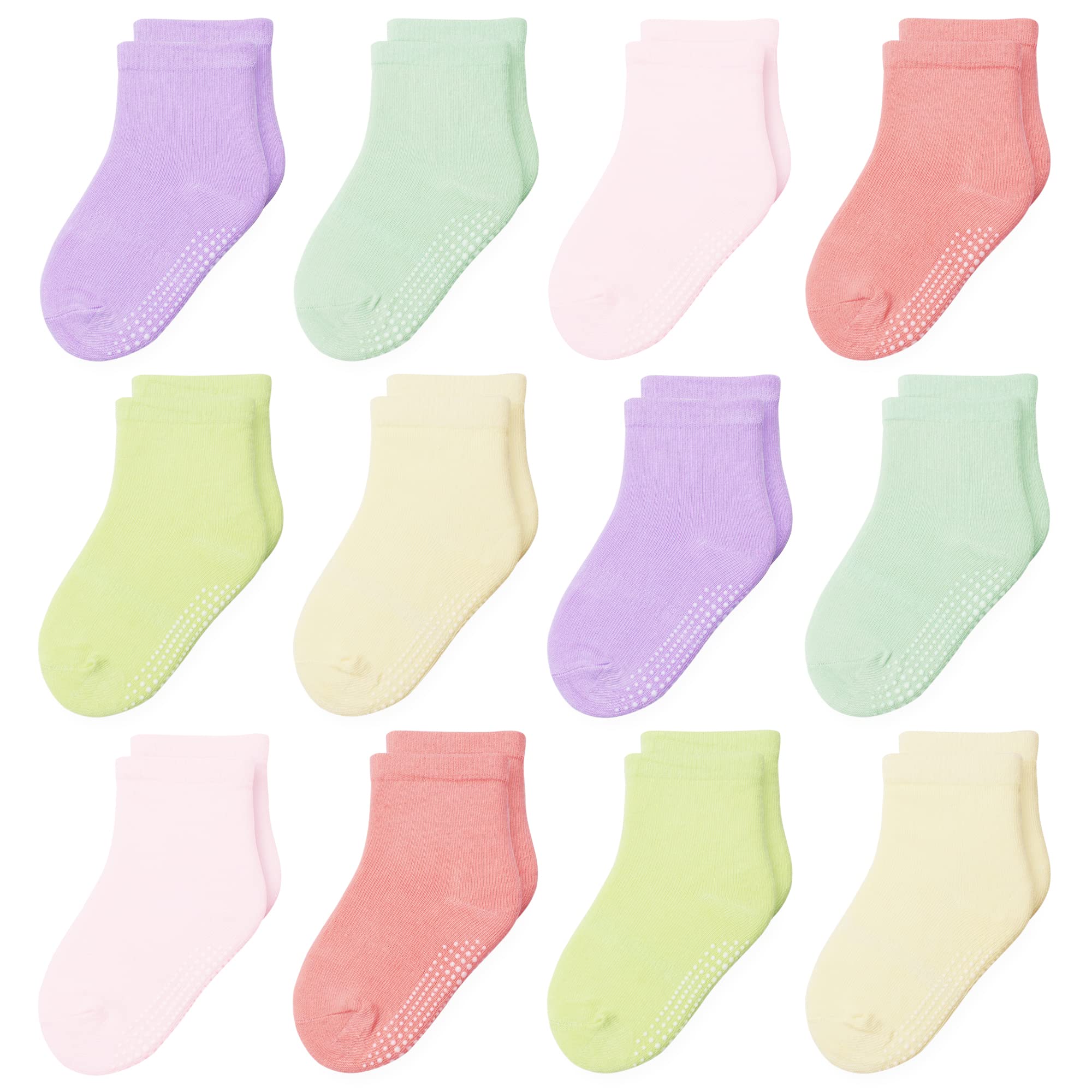 12 Pack Non-Slip Baby Socks with Grips for Toddlers 1-7 Years - Soft Cotton Crew Socks for Boys & Girls in Assorted Colors - Perfect for Playtime, Learning to Walk & Everyday Comfort
