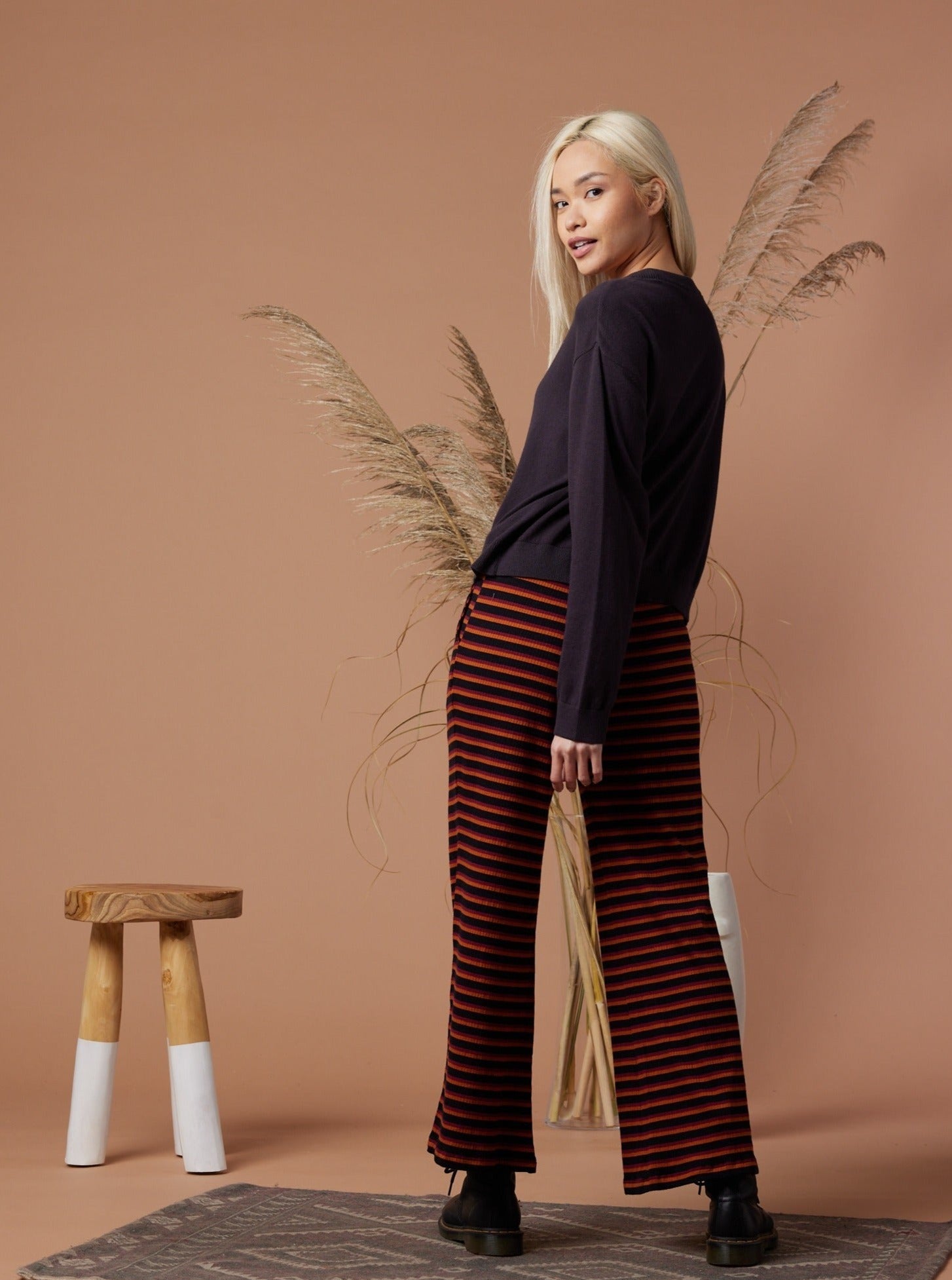 Echo Pant Women's High Waisted Wide Leg Pants - Deep Mauve Striped Casual Lounge Pants for Yoga, Travel & Everyday Wear
