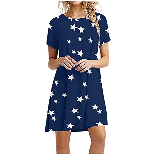 Qinday Women's Summer Casual T-Shirt Dress with Star Print | Short Sleeve Boho Beach Dress | Plus Size Swing Dress | Knee-Length Dress for Vacation, Travel & Outdoor Activities