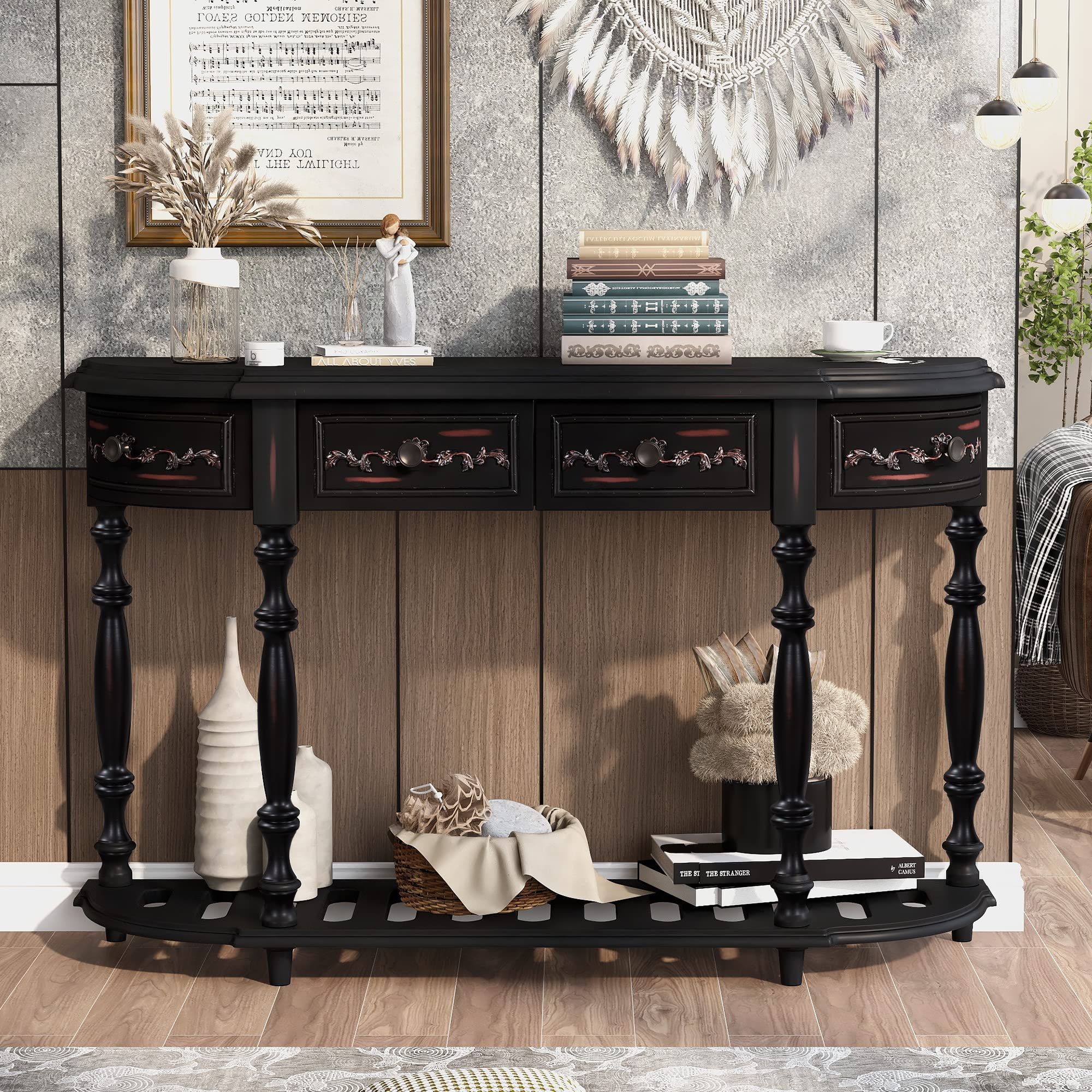 Vintage Round Curved Console Table with 4 Drawers & Bottom Shelf - Retro Sofa Table for Entryway, Hallway & Living Room - Antique Style Storage Sideboard for Home Decor & Small Space Organization