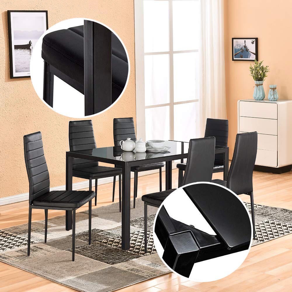 Modern 7-Piece Glass Dining Table Set with Tempered Glass Top & PU Leather Chairs - Black Contemporary Dining Room Furniture for Family Gatherings & Dinner Parties