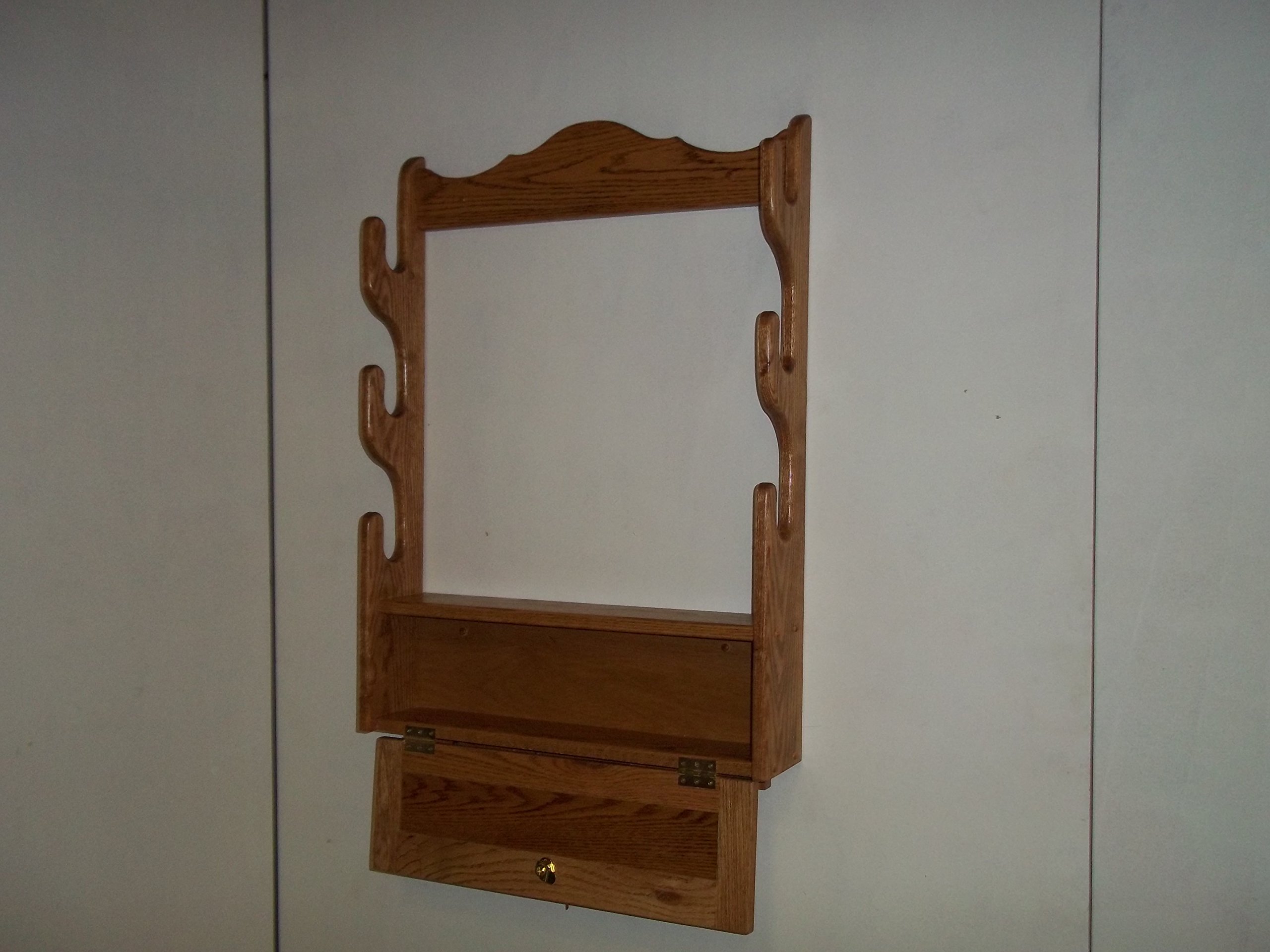 3 Gun Wall Mount Rack with Locking Storage Compartment - Golden Oak Finish for Secure Firearm Storage in Home, Office or Cabin