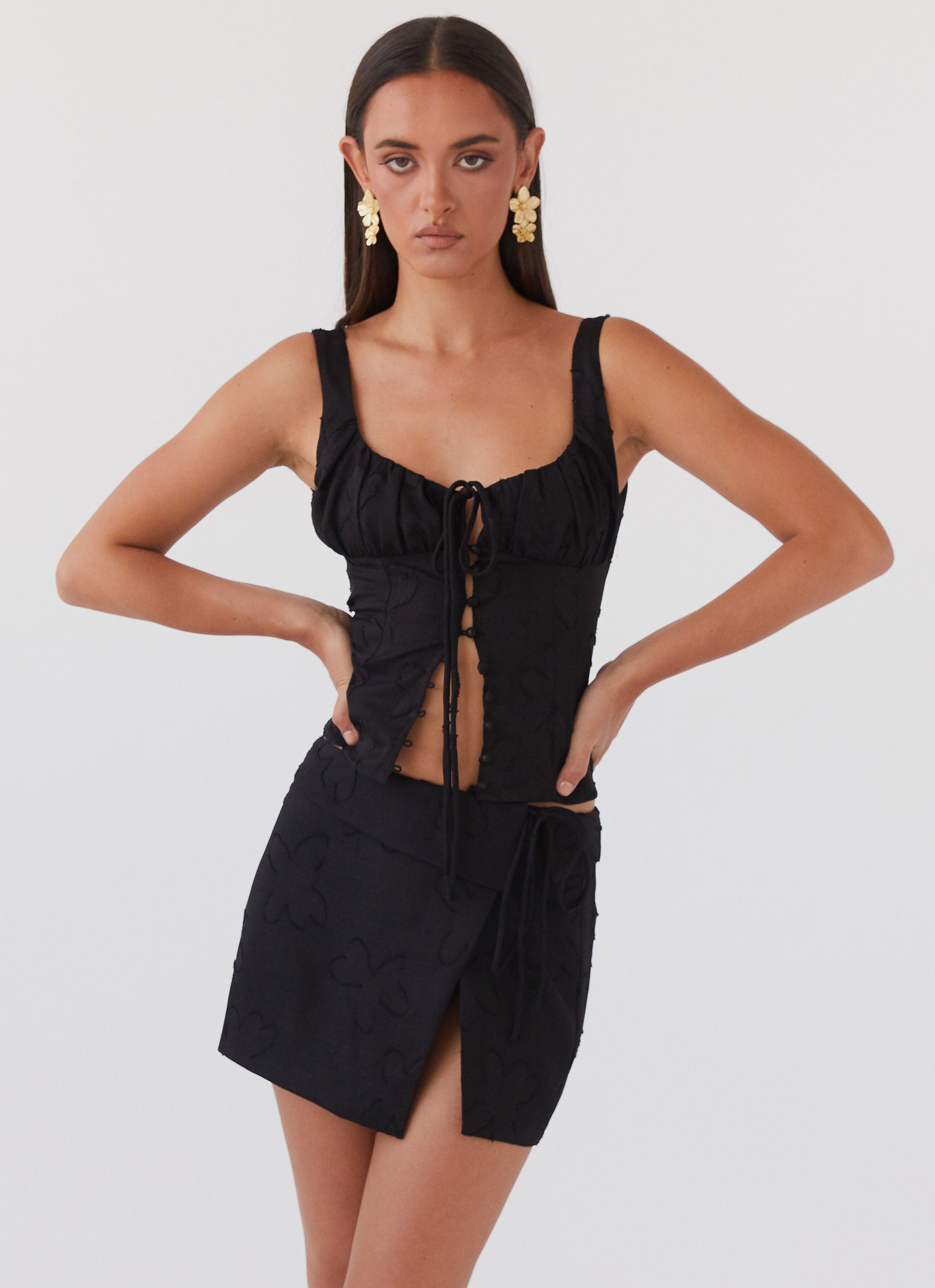 Bianka Tie Top Black Petal Sleeveless Blouse for Women - Elegant Floral Print Summer Tops for Casual Wear, Date Night & Office Outfits