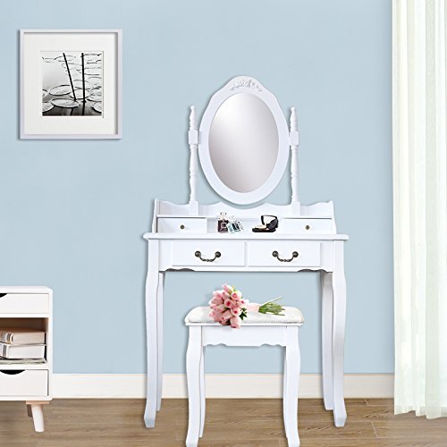 Y&K White Wood Vanity Table Set with Stool & 4 Drawers for Makeup & Dressing