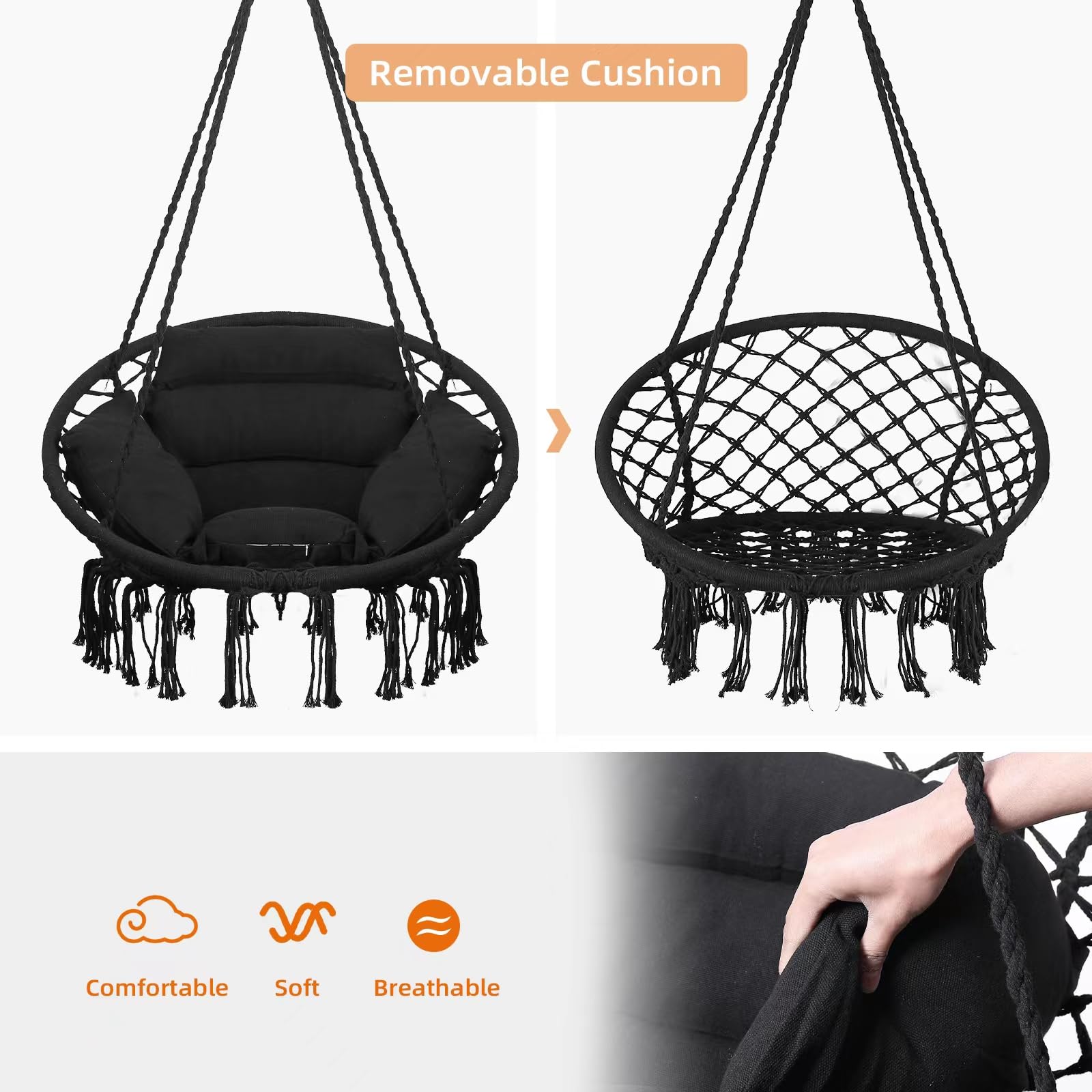 Goutime Macrame Boho Hammock Chair with Hanging Hardware Kit & Back Cushion - Indoor Outdoor Swing Chair for Bedroom, Patio, Garden, Balcony (Black) - Perfect for Relaxing, Reading & Decor