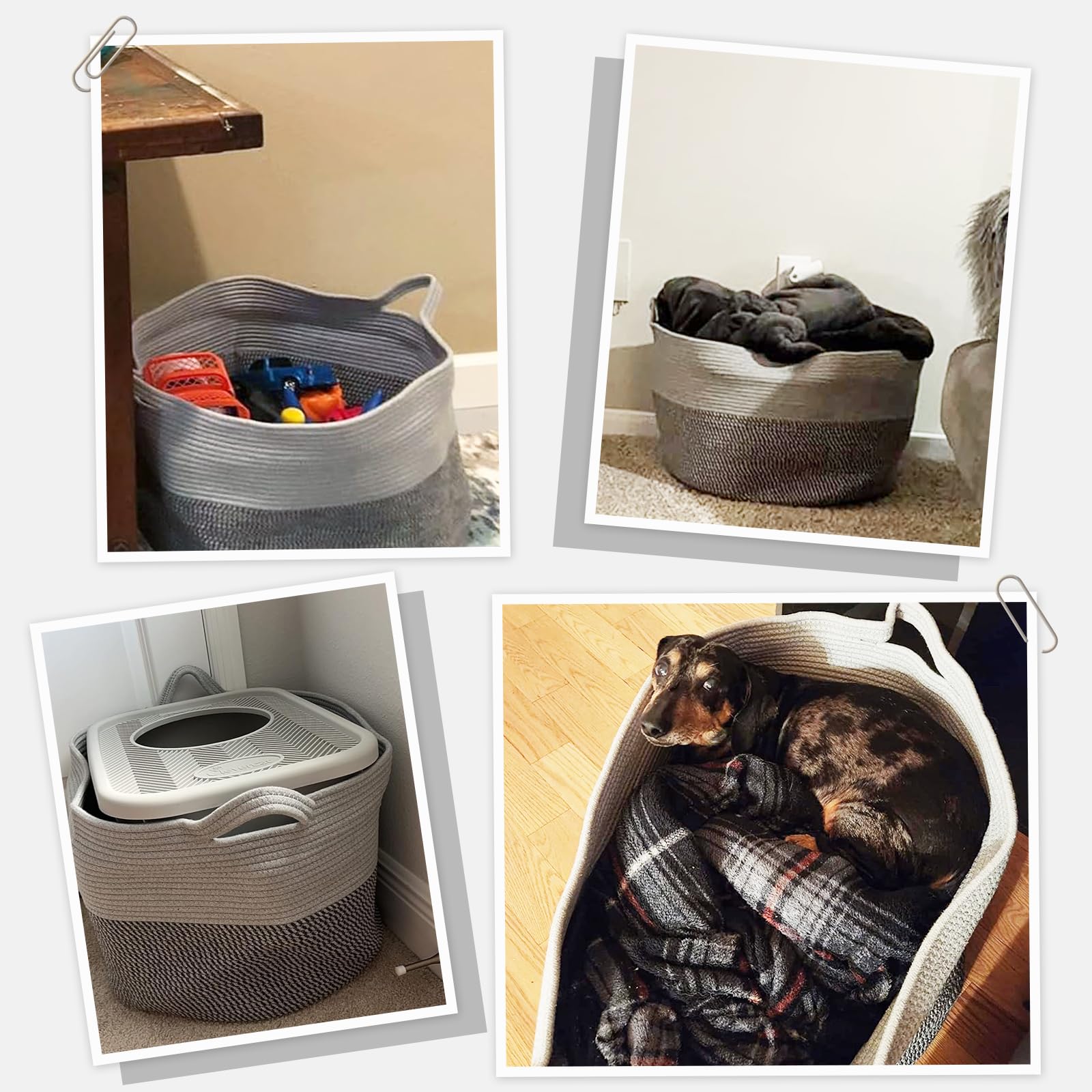 INDRESSME Extra Large Laundry Basket with Handles - 21.7 x 13.8 Inch Woven Storage Bin for Clothes, Toys & Blankets - Grey Cotton Rope Basket for Nursery, Living Room & Bedroom Organization - Perfect for Dirty Laundry, Pet Toys & Home Decor Storage