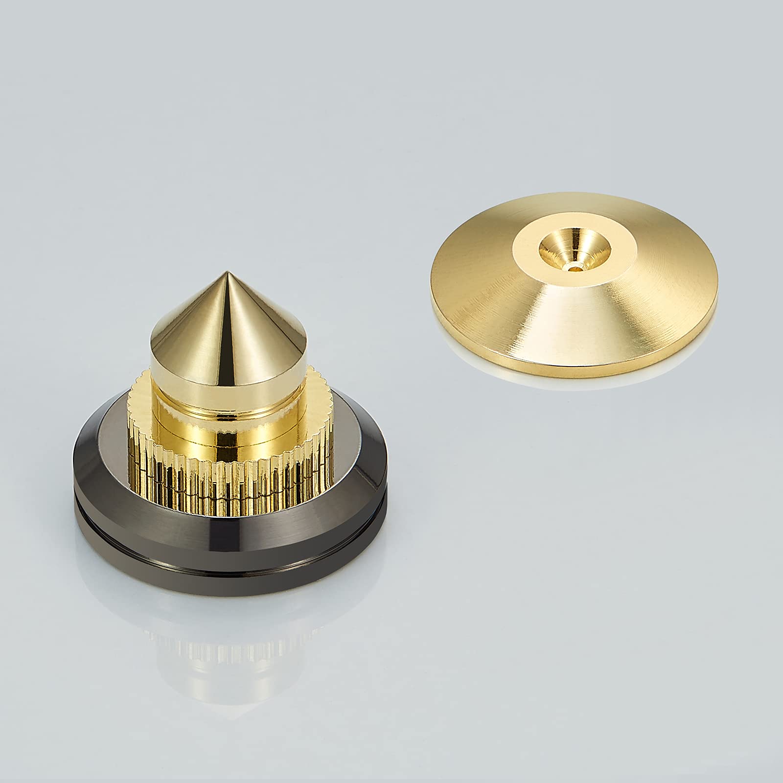 Premium 8-Piece Speaker Spikes & Isolation Feet - Adjustable Shockproof Floor Protectors for HiFi Speakers, Subwoofers, Turntables, DAC Recorders | Gold Cone Base Pads with Adhesive | Perfect for Home Theater & Audio Setup Protection