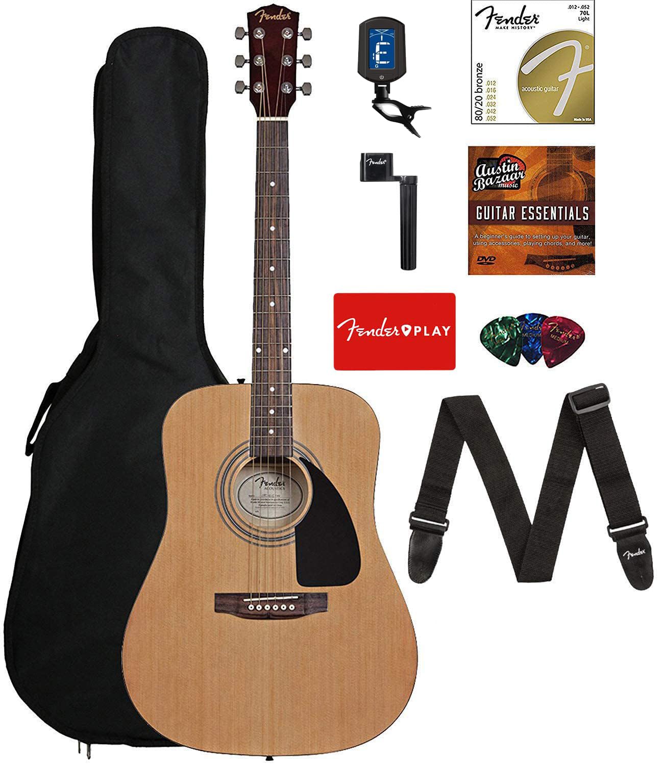 Fender 0950816021-COMBO-DLX Acoustic Guitar Bundle with Gig Bag, Tuner, Strings, Strap, Picks & Accessories - Perfect for Beginners, Practice, Performances & Home Studio Recording