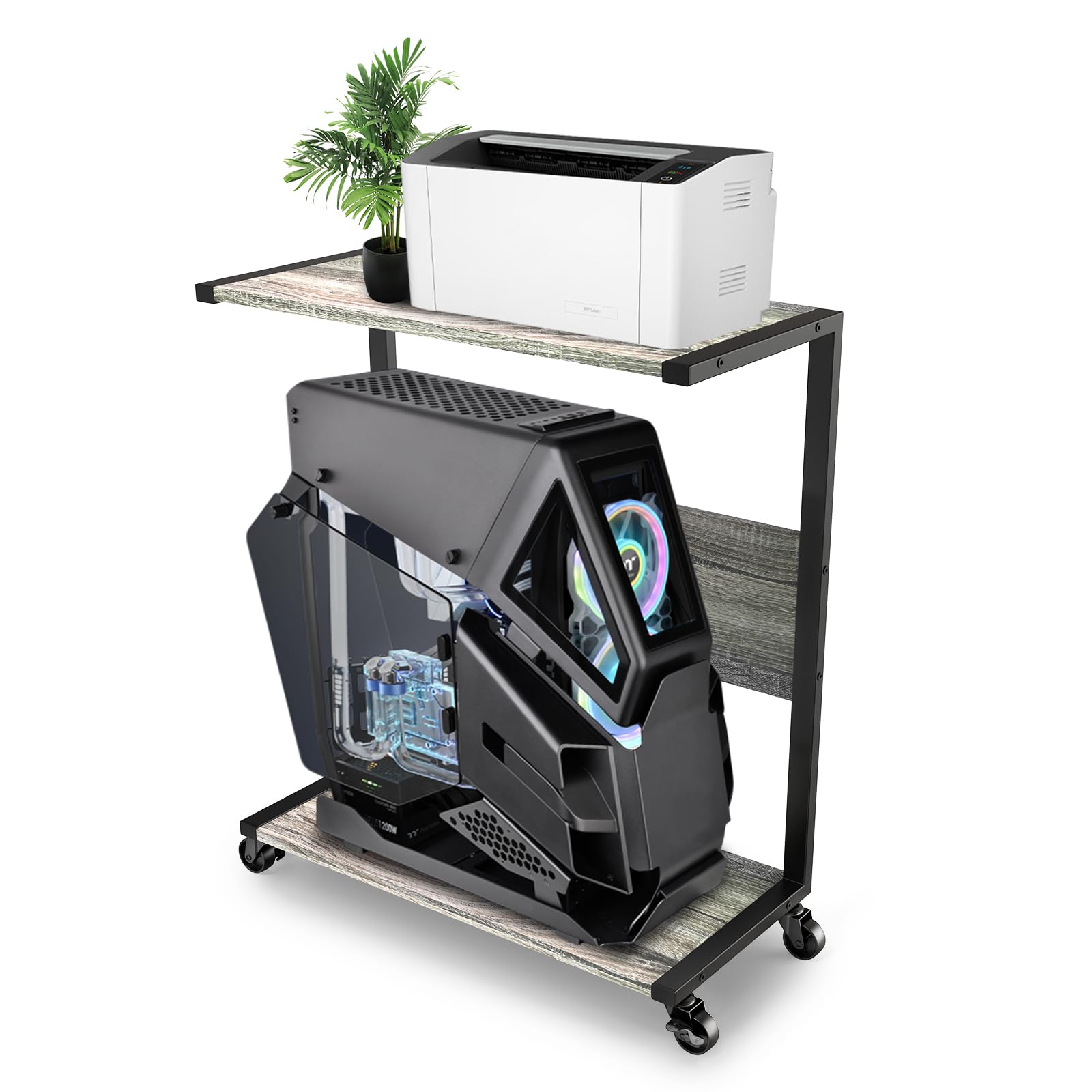 Oak C-Shape 2-Tier Full-Tower Gaming PC Stand with Wheels, Mobile Laptop Desk for Office & Home, Ideal for Gaming, Workstations, and Compact Spaces
