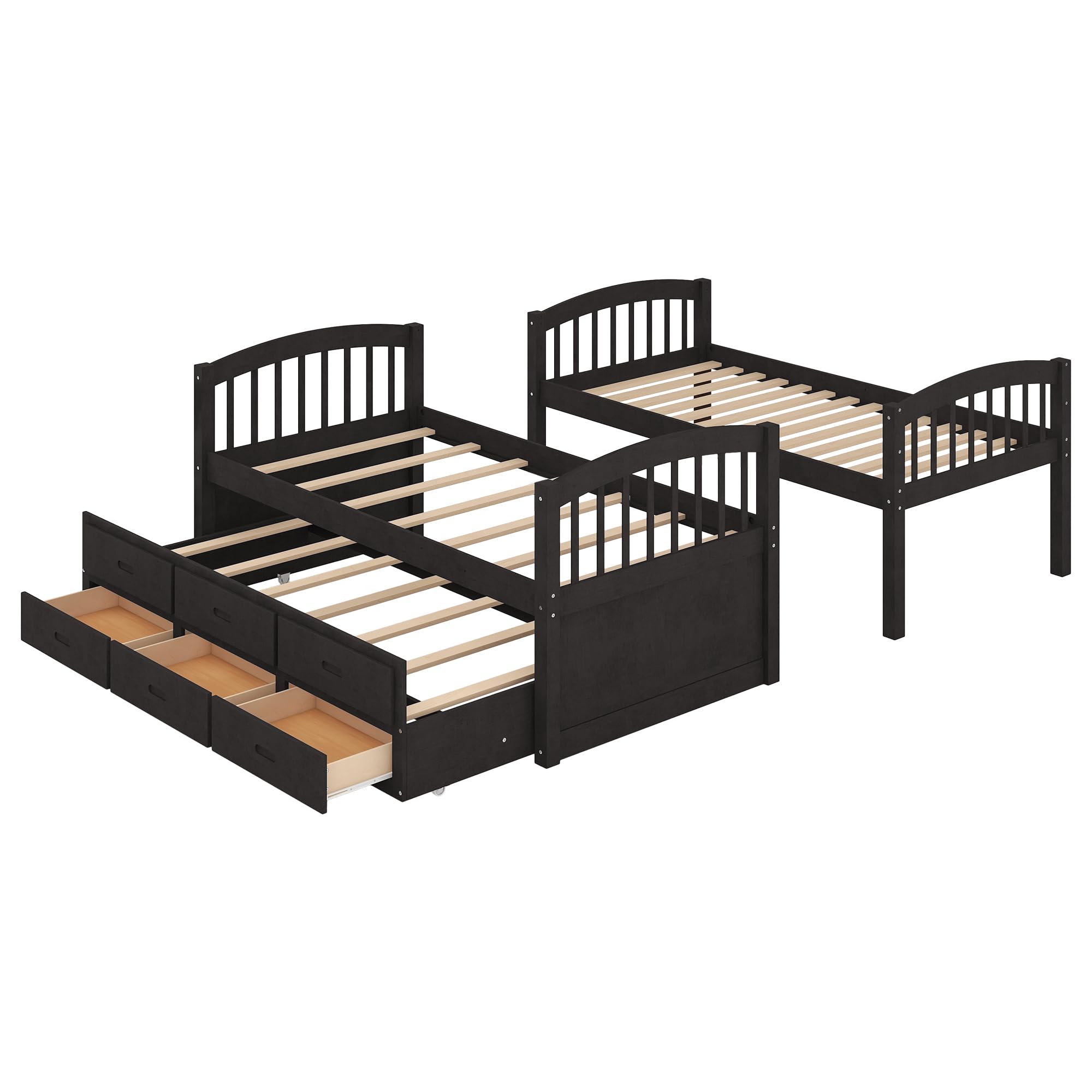 P PURLOVE Twin Over Twin Wood Bunk Bed Frame with Trundle & 3 Drawers - Sturdy Espresso Bunk Beds for Kids, Teens, Boys & Girls - Perfect for Small Bedrooms, Guest Rooms & Vacation Homes