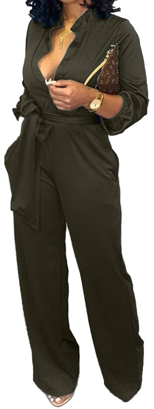 Elegant Women's V-Neck Long Sleeve Jumpsuit with Wide Leg Pants, Belt & Pockets - Sexy Casual Work Outfit for Office, Party & Date Night
