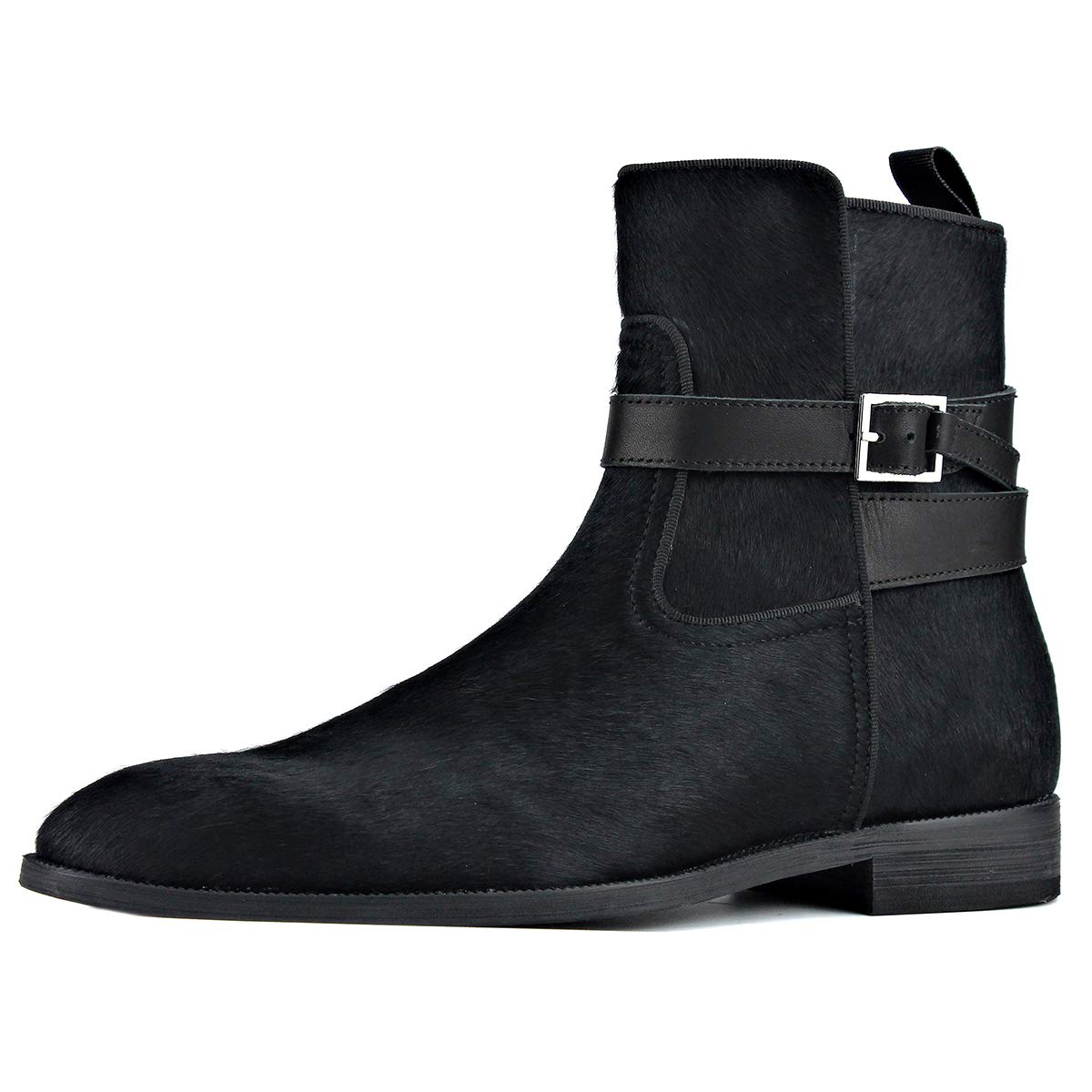 Premium Men's Chelsea Ankle Boots - Genuine Leather & Pony Hair Chukka Dress Boots with Belt (JY026-R) for Business Casual & Night Out