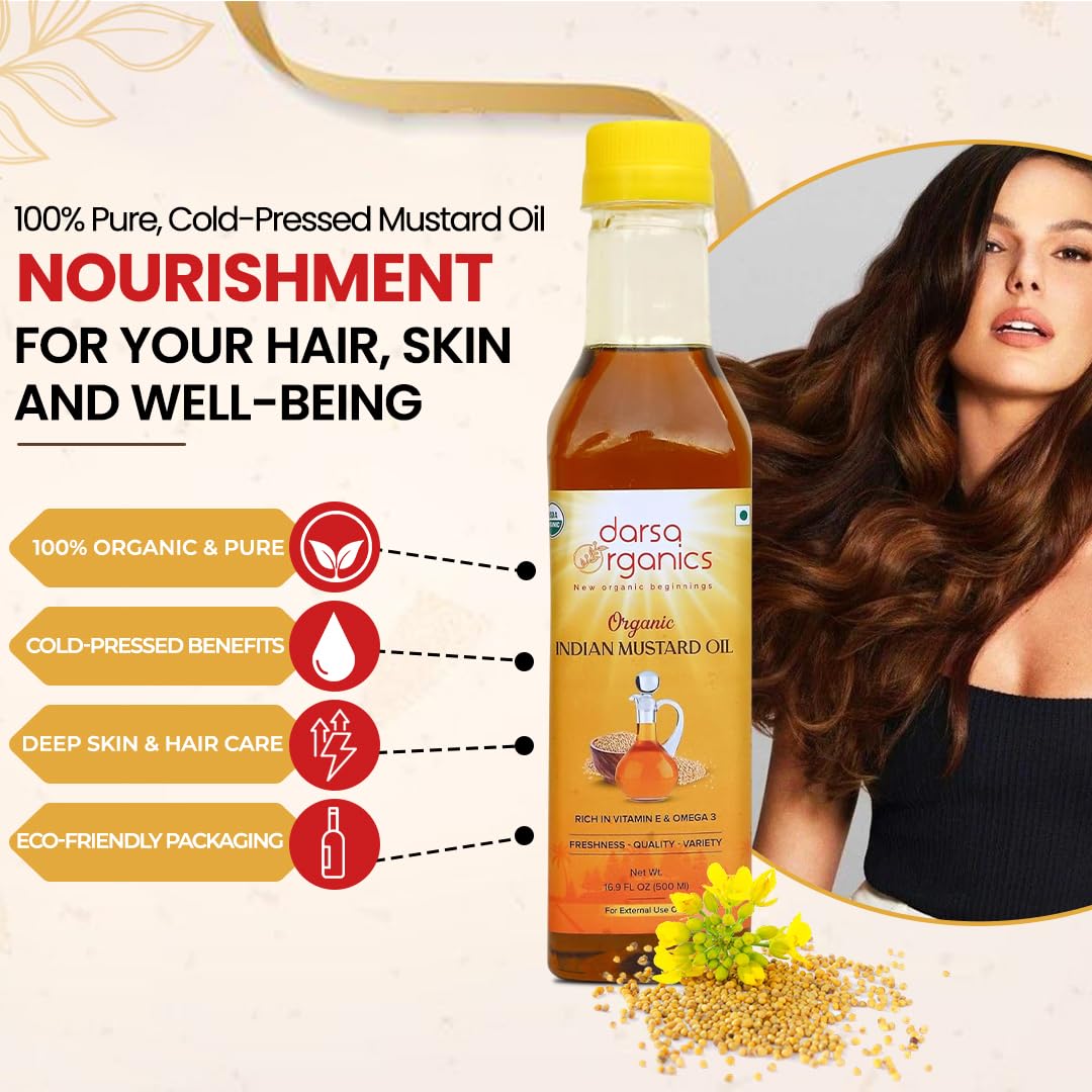 USDA Organic Cold Pressed Mustard Oil 16.9 fl oz (500ml) - 100% Pure, Non-GMO, Chemical-Free Mustard Seed Oil for Hair Growth, Skin Care & Massage | Natural Hair & Skin Treatment for Dry Scalp, Dandruff & Body Relaxation | Perfect for Ayurvedic Remedies, Cooking & Aromatherapy