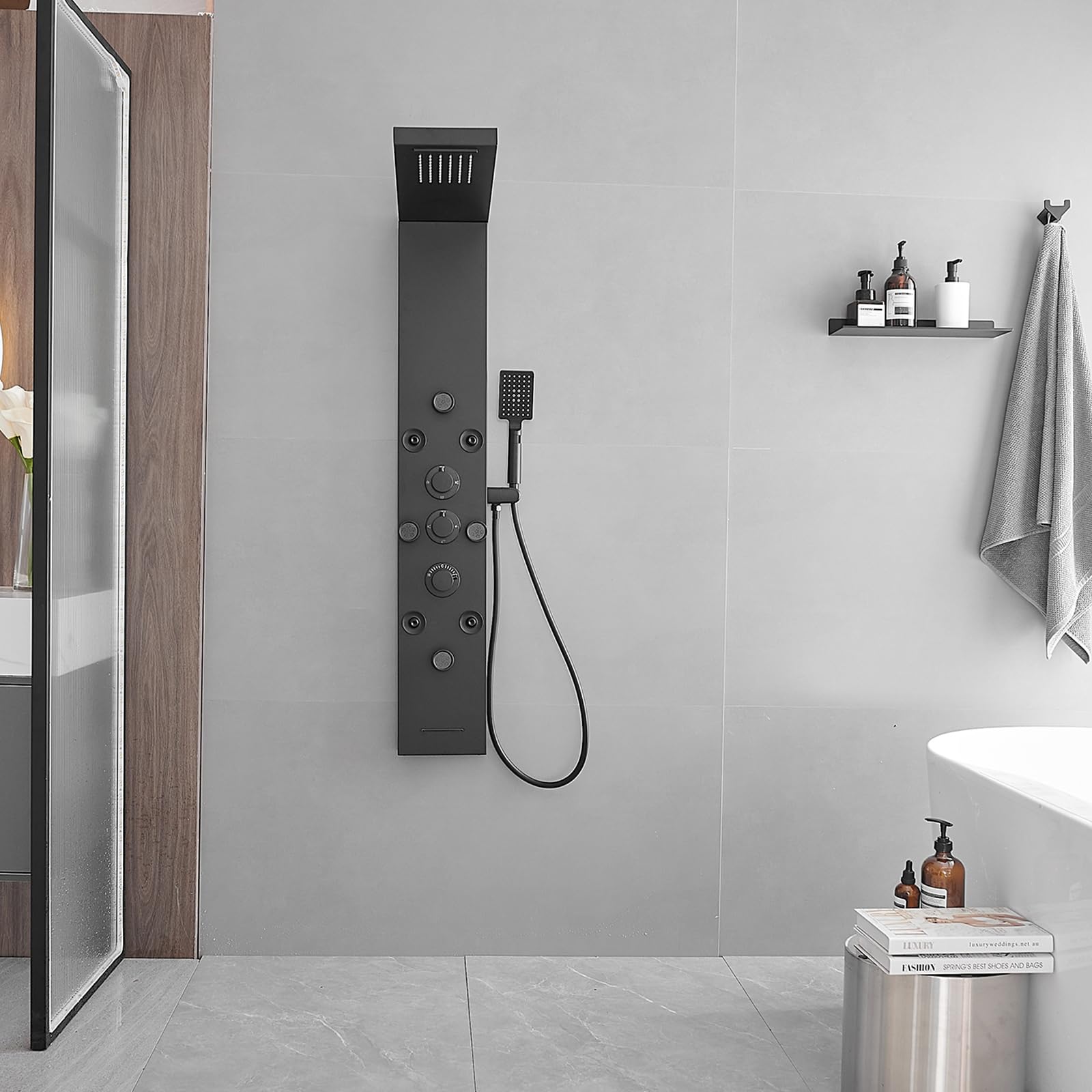 6-in-1 Stainless Steel Shower Panel System with Rainfall Showerhead, Body Jets & Handheld Spray - Black Wall Mount Shower Tower for Spa-Like Relaxation - Perfect for Master Bathrooms & Luxury Home Renovations
