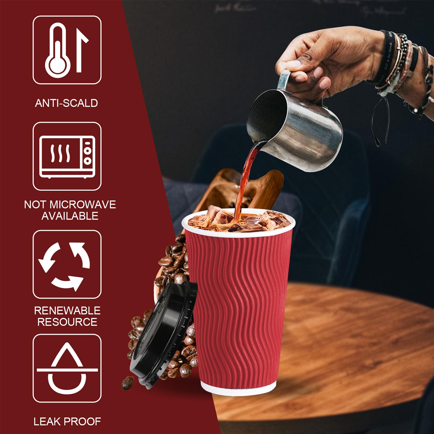 Lamosi 16oz Disposable Christmas Coffee Cups with Lids - 60 Pack Red Paper Hot Cups for Holiday Parties, Office Events & Family Gatherings - Eco-Friendly To-Go Cups for Hot Beverages