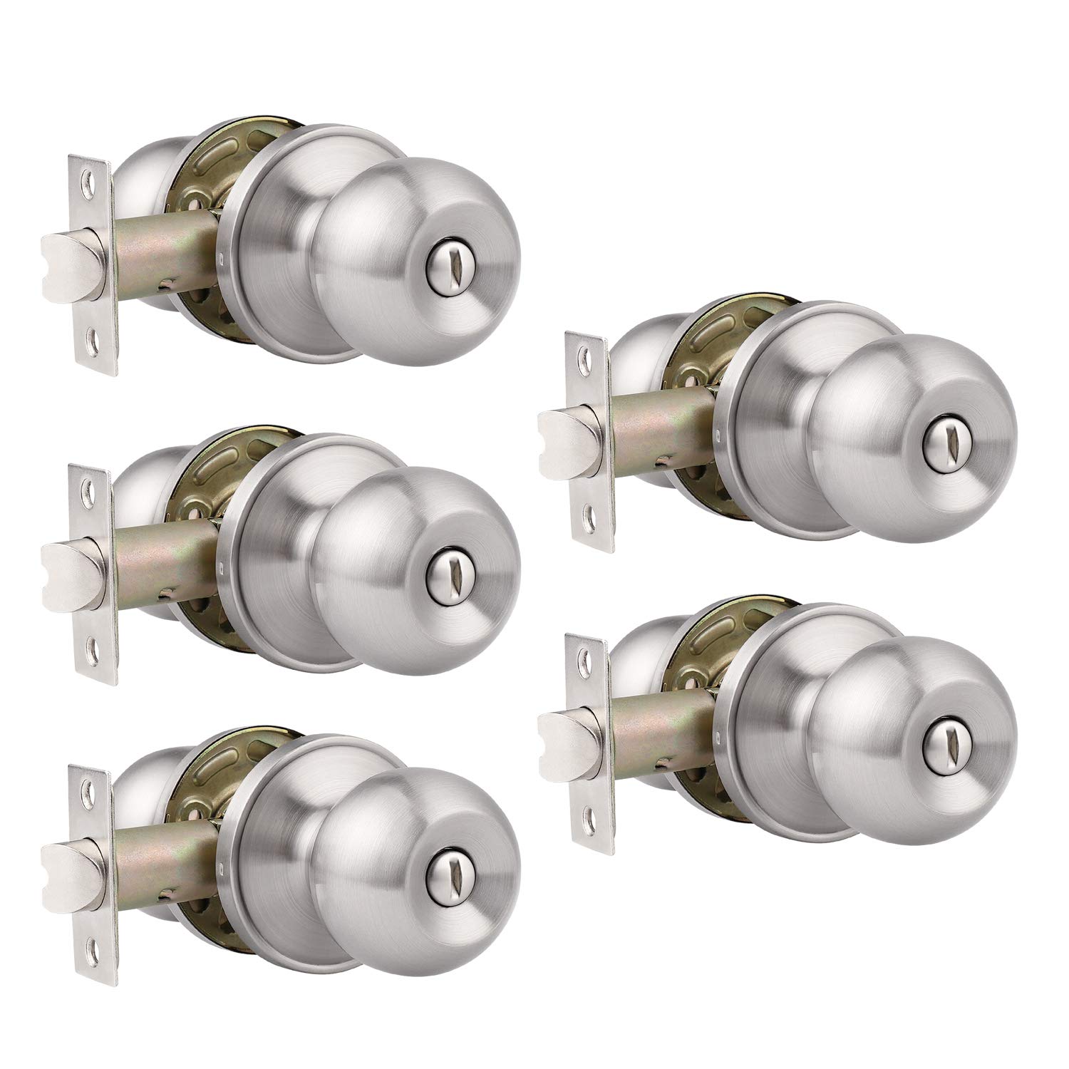 5 Pack Satin Nickel Privacy Door Knobs - Keyless Thumb Turn Lock for Bedroom & Bathroom - Interior Door Handles for Home, Office & Apartment Security