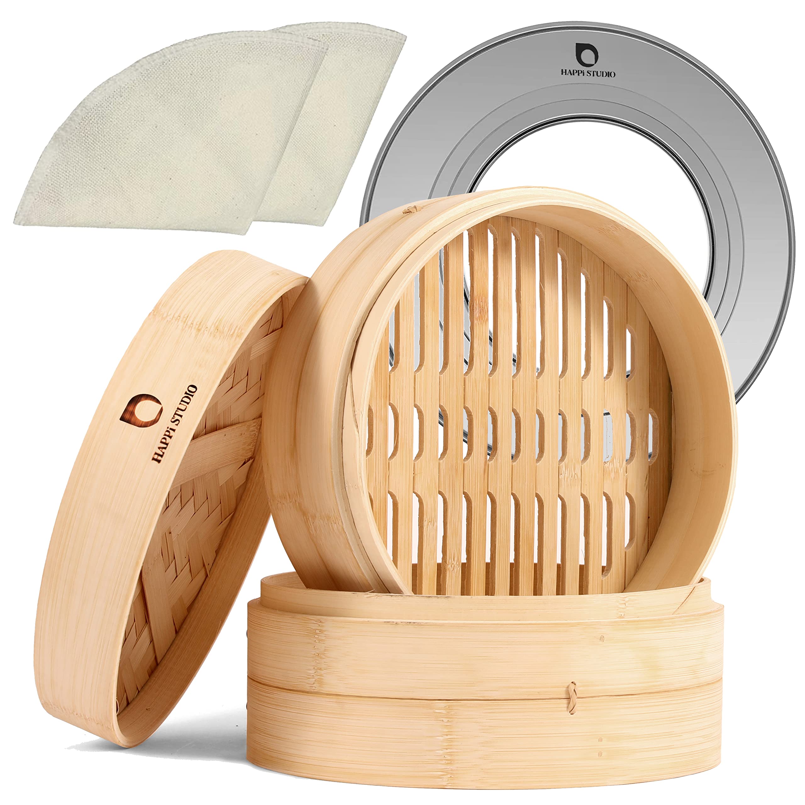 2-Tier Bamboo Steamer Basket Set - 10 Inch Natural Bamboo Steamer for Dim Sum, Dumplings, Bao Buns & Momo - Chinese Cooking Steamer with Ring - Perfect for Asian Cuisine, Healthy Meal Prep & Restaurant-Style Home Cooking