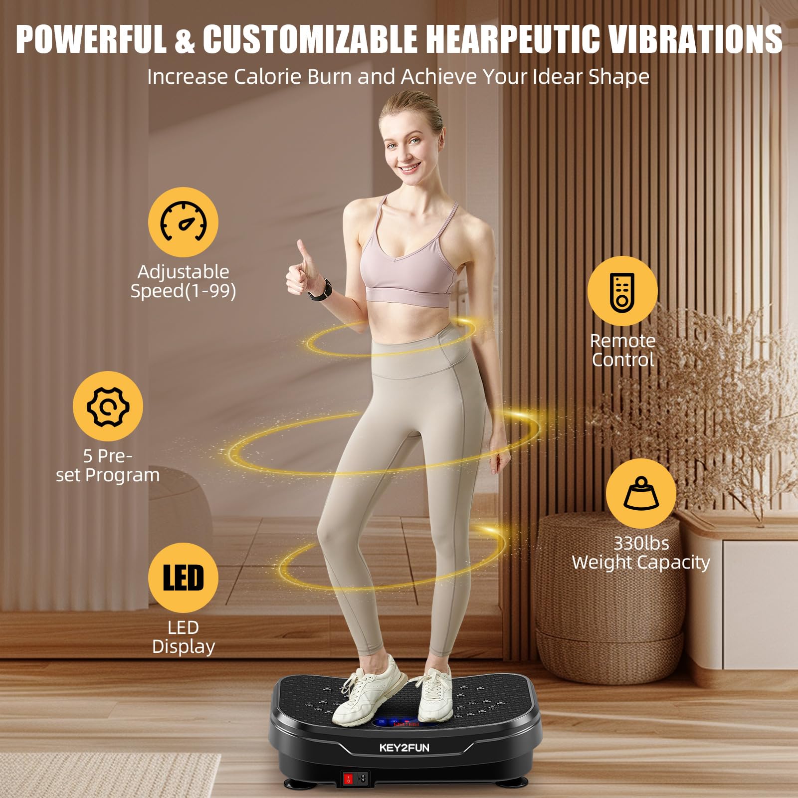 KEY2FUN 2025 Upgraded Vibration Plate Exercise Machine - Large-Size Vibrating Platform with Resistance Bands for Lymphatic Drainage & Home Fitness (330LBS Capacity) | Perfect for Weight Loss, Muscle Toning & Circulation Improvement