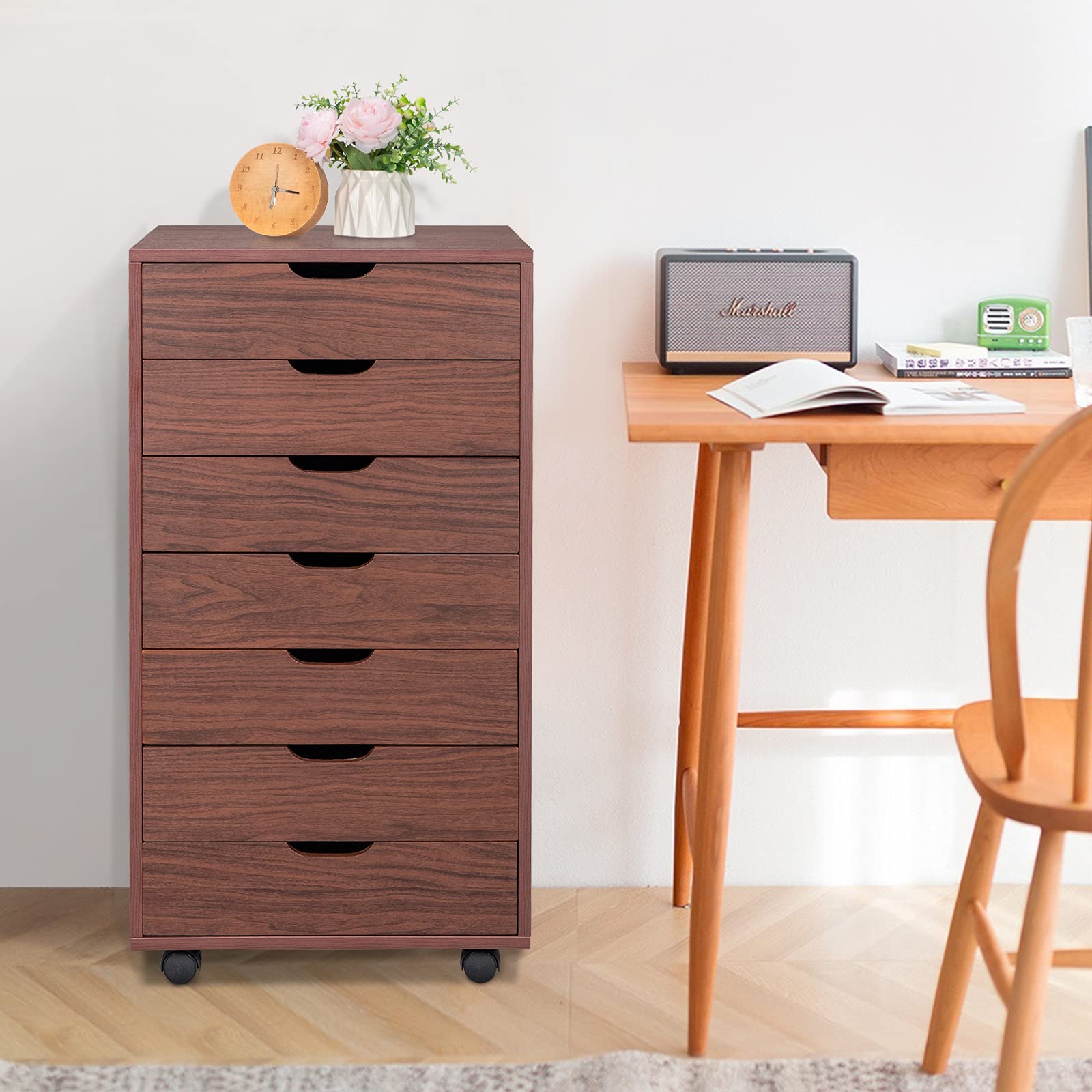 7-Drawer Rolling Wooden Filing Cabinet - Dark Wood Office Storage Dresser with Wheels for Bedroom, Closet & Vanity Organization | Perfect for Home Office, Makeup Storage & Desk Organizer