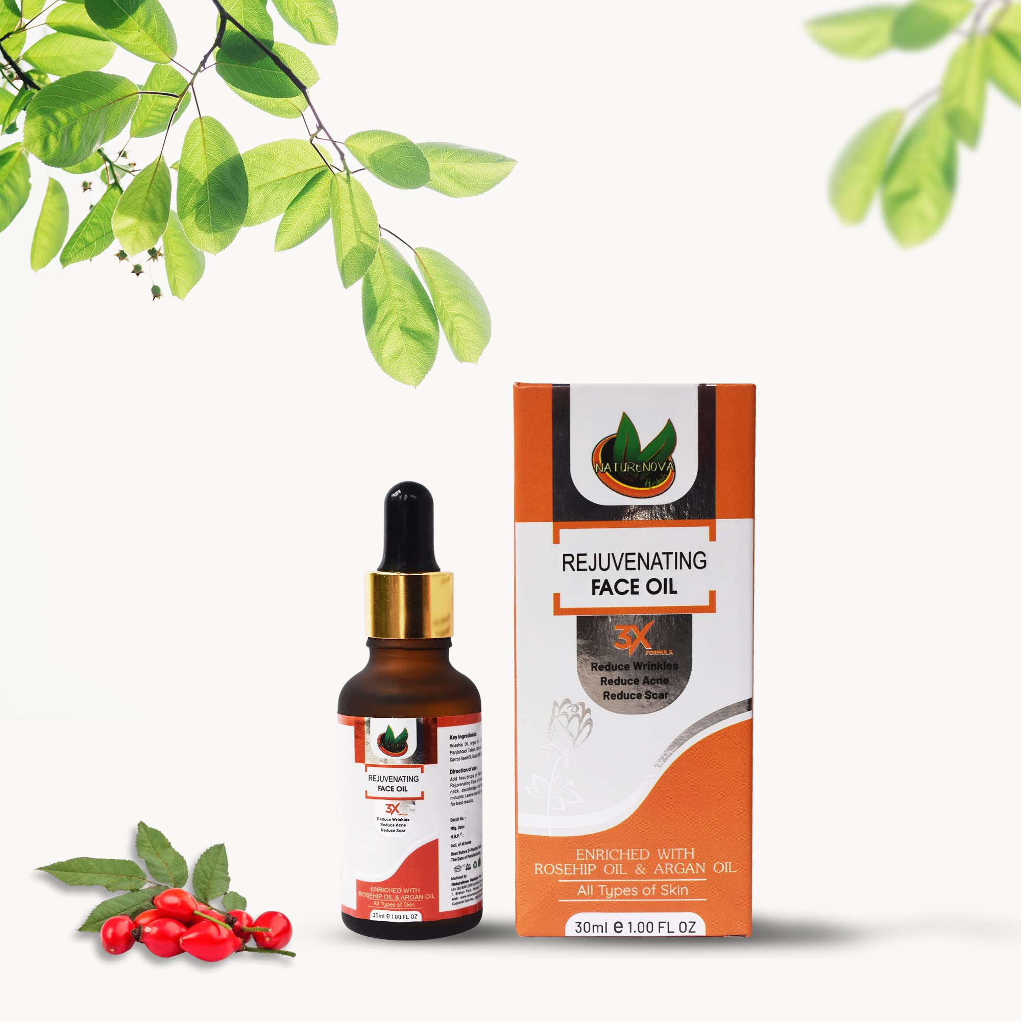 NATURENOVA HERBALS Rejuvenating Face Oil with Rosehip & Argan Oil - Hydrating & Anti-Aging Skincare for Dry & Sensitive Skin - Perfect for Night Routine & Daily Moisturizing