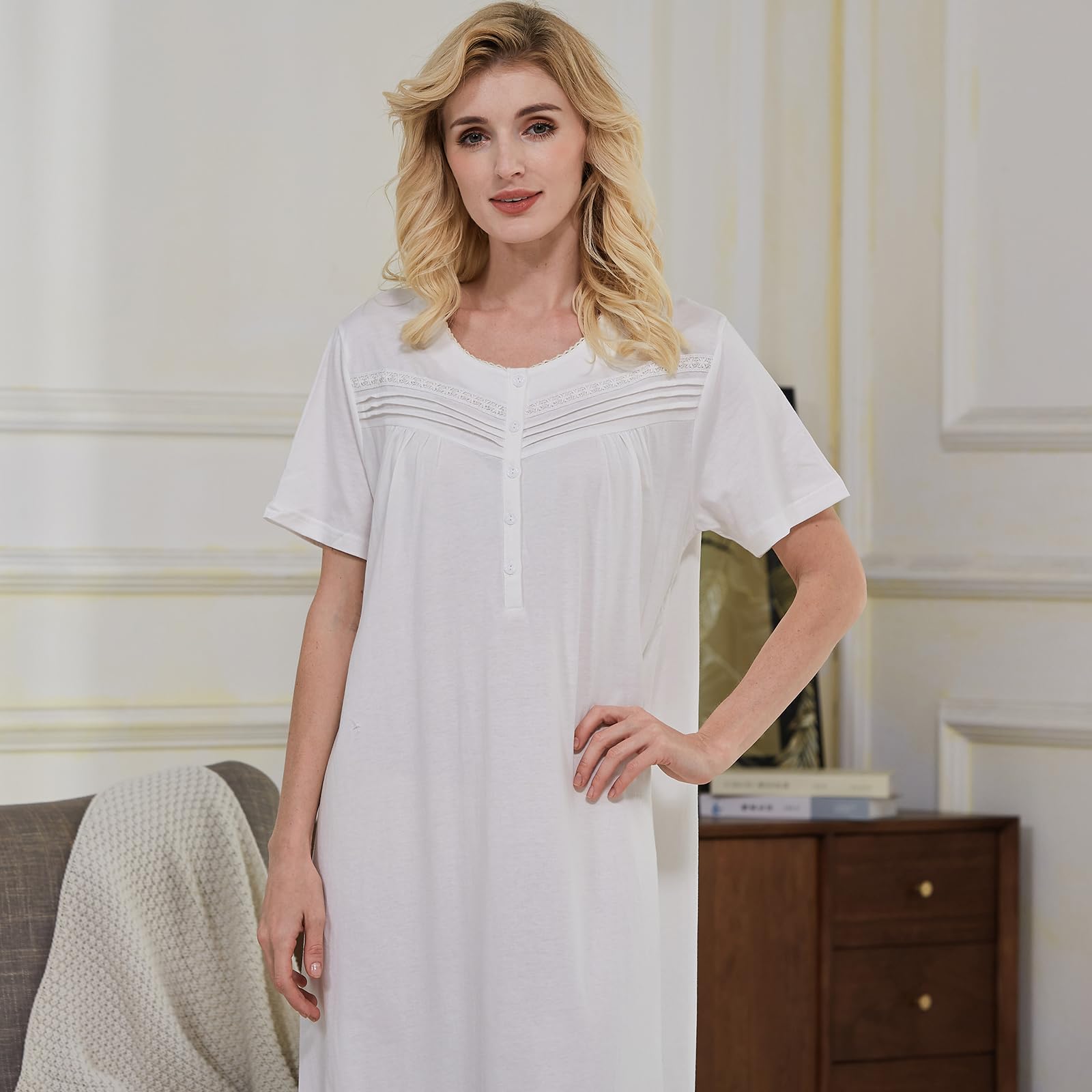 Keyocean Women's Soft 100% Cotton Short Sleeve Nightgown - Lightweight Sleepwear for Ladies, Perfect for Summer Nights & Relaxing at Home