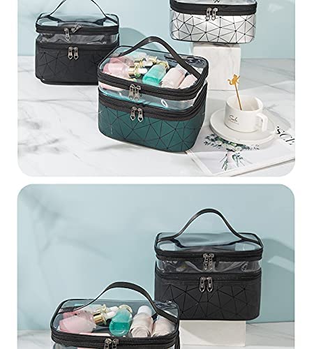 HITSHREE Women's Makeup Travel Organizer Toiletry Bag - Double Layer Cosmetic Case for Brushes & Beauty Tools, Portable Luxury Makeup Pouch (Green Diamond) | Perfect for Travel, Gym, and Daily Organization