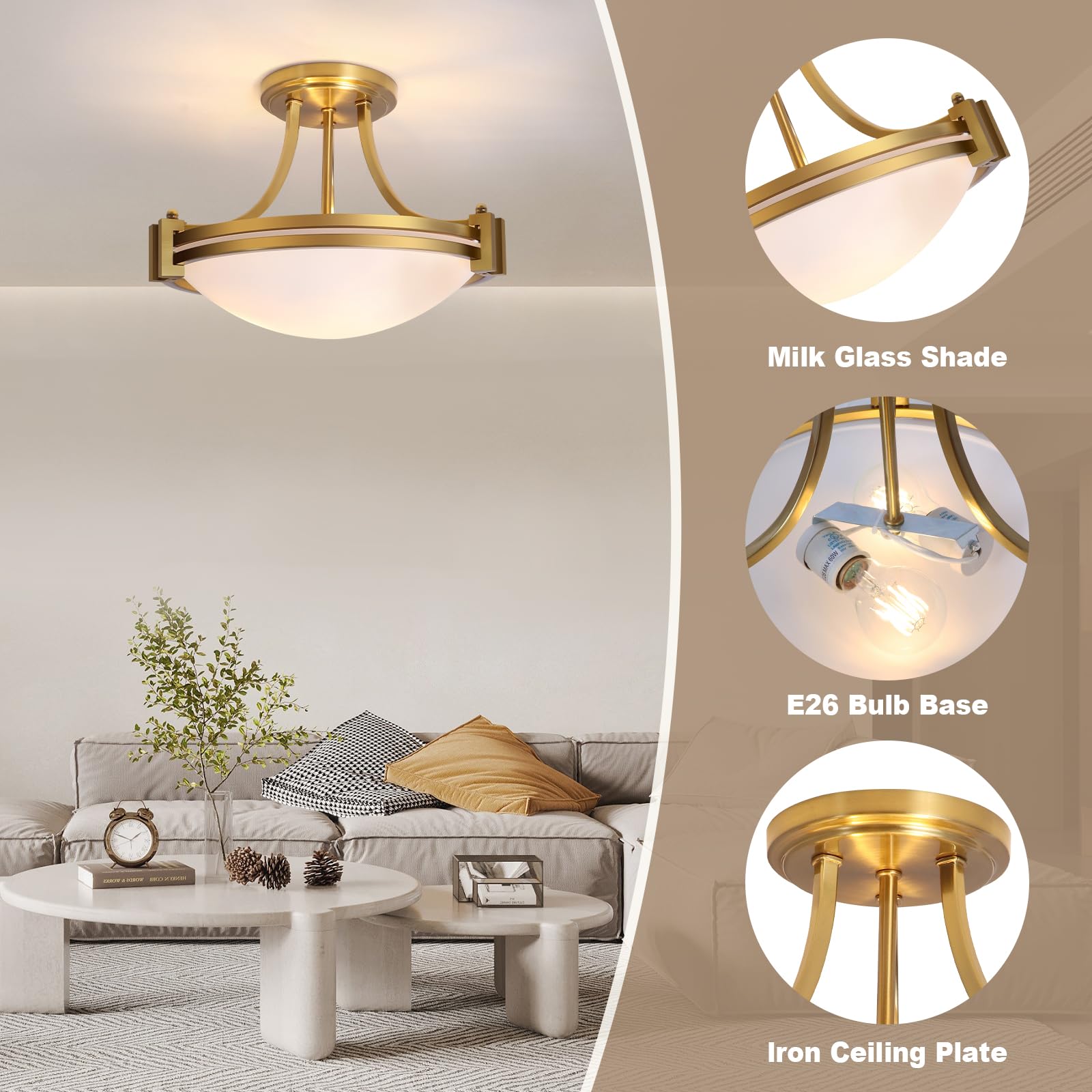 Bektas 12 Inch Brushed Gold Semi Flush Mount Ceiling Light Fixture with Milk Glass Shade - 2-Light Modern Lighting for Bedroom, Kitchen, Bathroom, Hallway, Foyer, Living Room & Dining Room | Perfect for Ambient Lighting and Home Decor