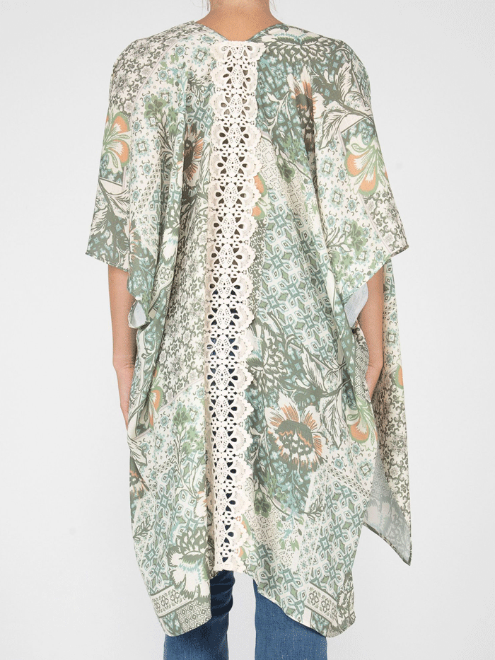 Miss Me MJ0638S Women's Floral Print Kimono with Crochet Trim - Green Boho Chic Cover Up for Beach, Pool & Summer Outfits