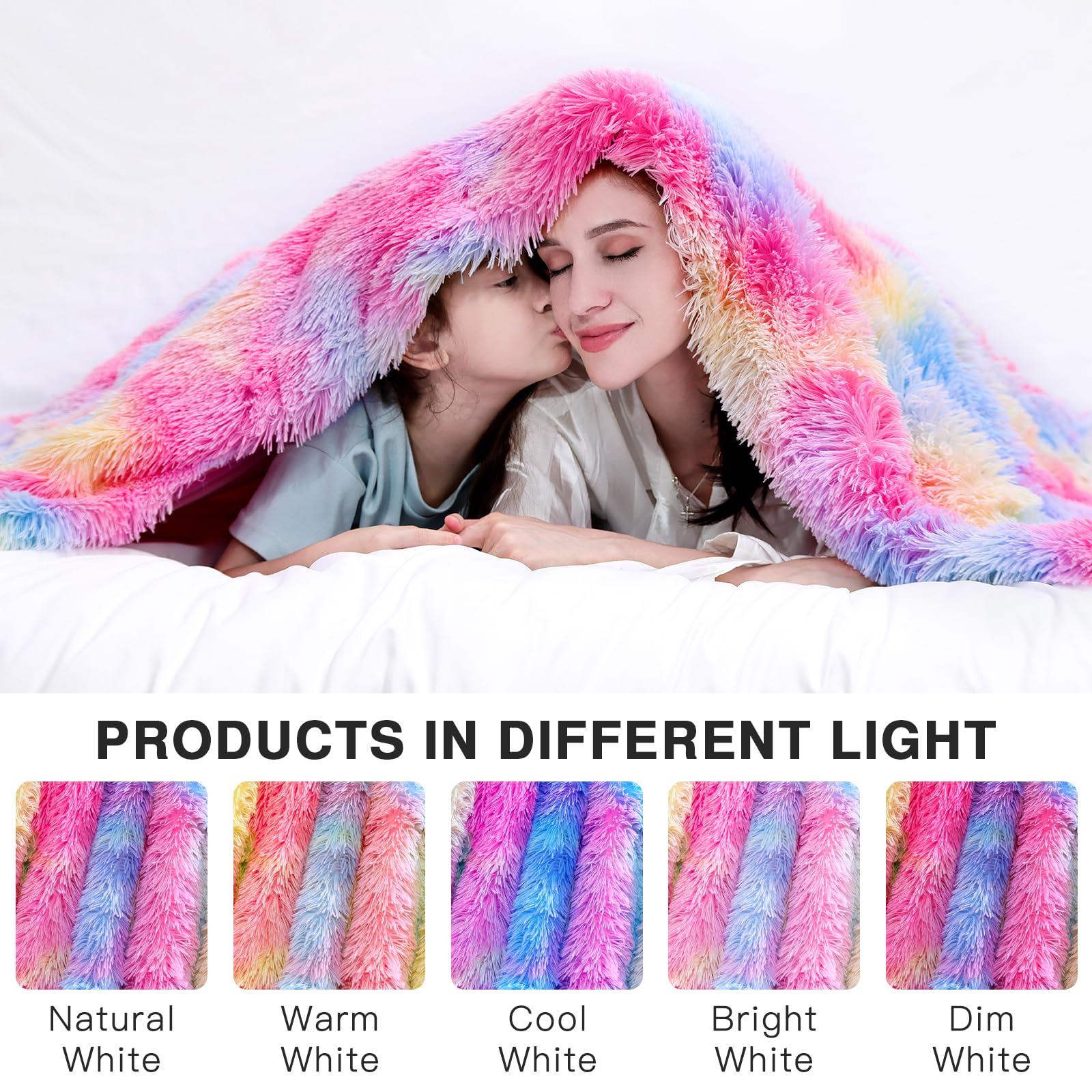 Rainbow Faux Fur Blanket Queen Size - Reversible Fluffy Plush Throw for Bed, Couch & Sofa - Soft Cozy Shaggy Tie Dye Decorative Blanket for Winter Nights, Movie Time & Home Decor