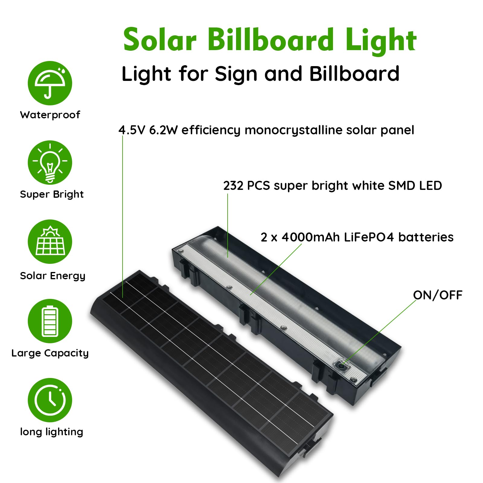 Etzeaxus 232 LED Solar Sign Light - 1200 Lumen Outdoor Billboard Lighting with 8000mAh Battery for Business, Real Estate, Shops & Commercial Signs | Weatherproof Solar-Powered Signage for Bus Stops, HOA, Highway Signs & Storefronts
