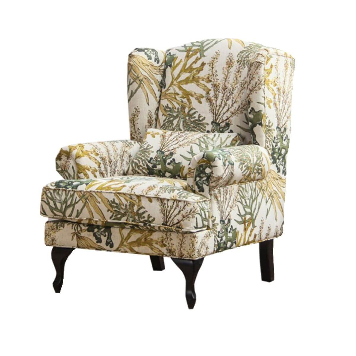 Tropical Yellow Blue Floral Toile Pattern Foam Accent Chair with Fixed Back, Arms and Pillow - Perfect for Living Room, Bedroom or Office Decor
