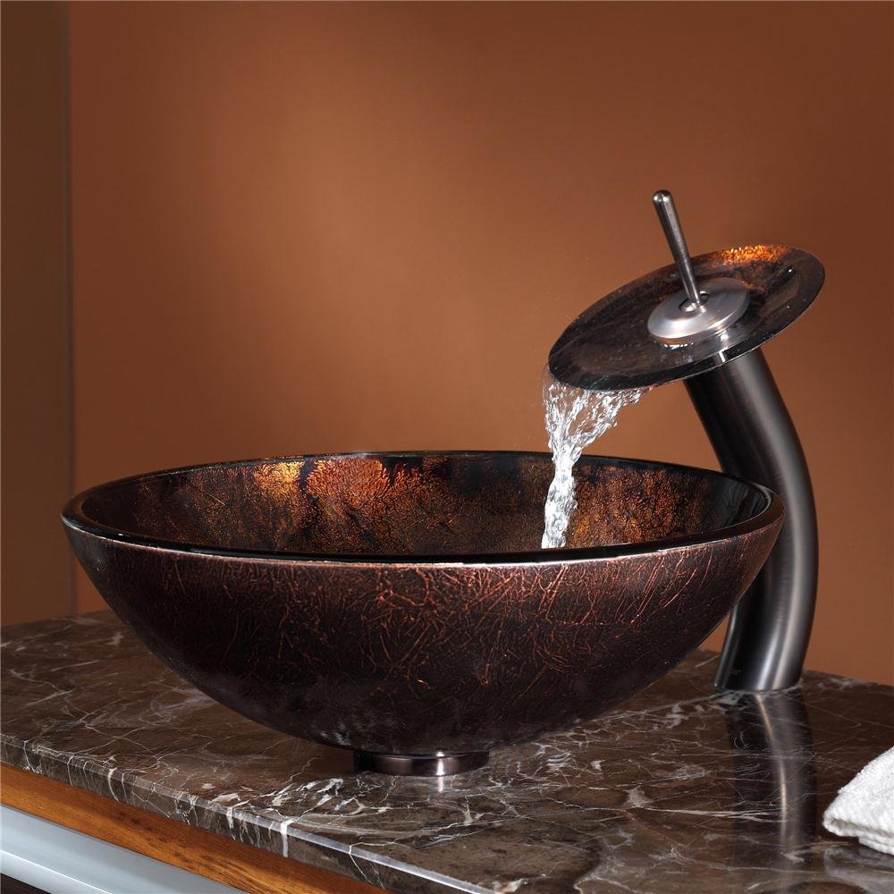 Kraus Pluto Glass Vessel Bathroom Sink with Waterfall Faucet in Oil Rubbed Bronze - Modern Vanity Basin for Powder Room, Guest Bath, or Master Suite