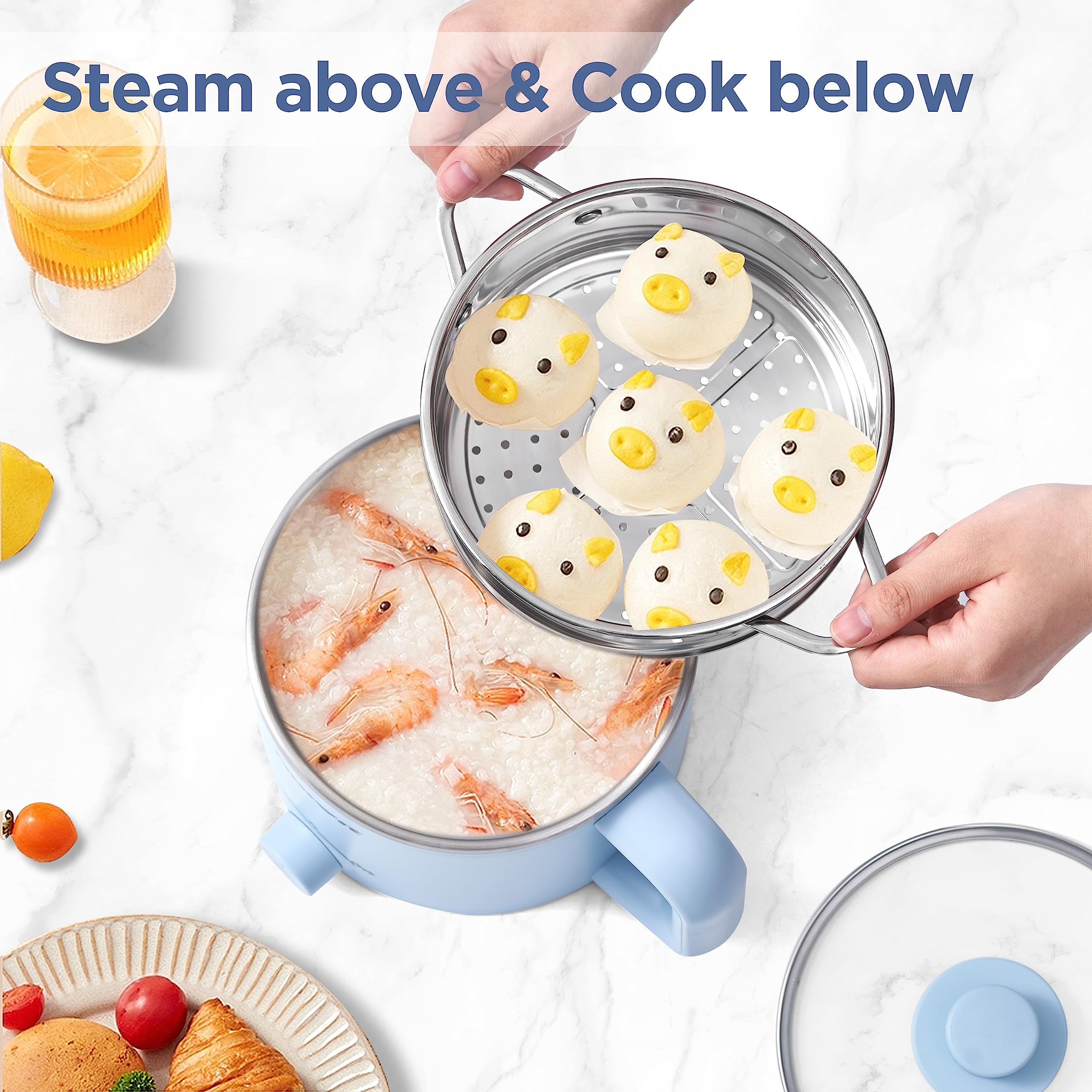 Topwit 1.6L Electric Hot Pot with Steamer - Multi-Functional Ramen Cooker for Pasta, Shabu-Shabu, Oatmeal, Soup & Eggs - Dual Power Control Portable Cooker - Perfect for Dorm Rooms, Office & Small Kitchens (Blue)