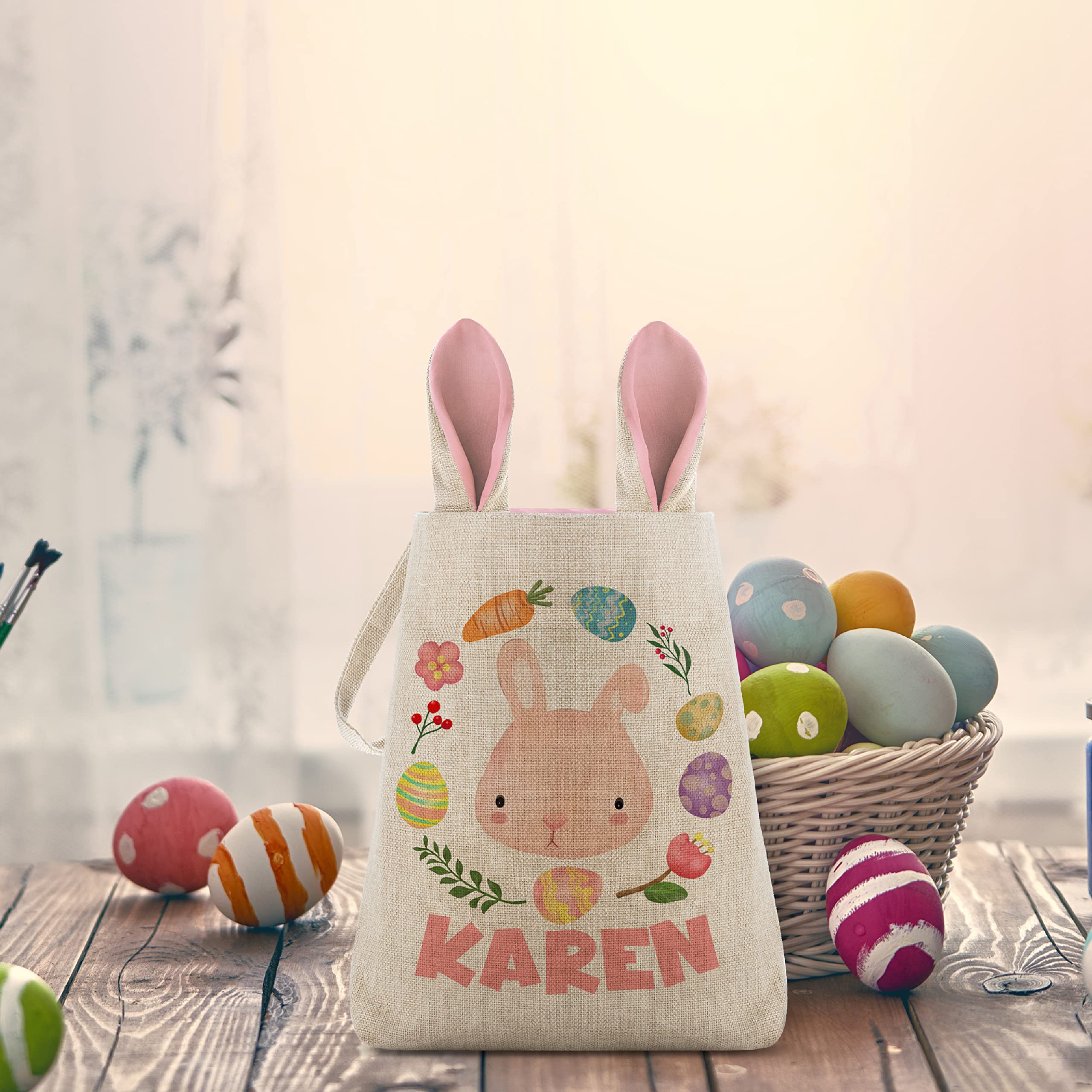 Personalized Easter Basket Set of 2 for Girls & Boys - Custom Name, Blue/Pink Bunny Ears, 8 Design Options - Easter Egg Tote Bags with Handle - Perfect for Easter Egg Hunts, Candy Storage & Kids Easter Gifts