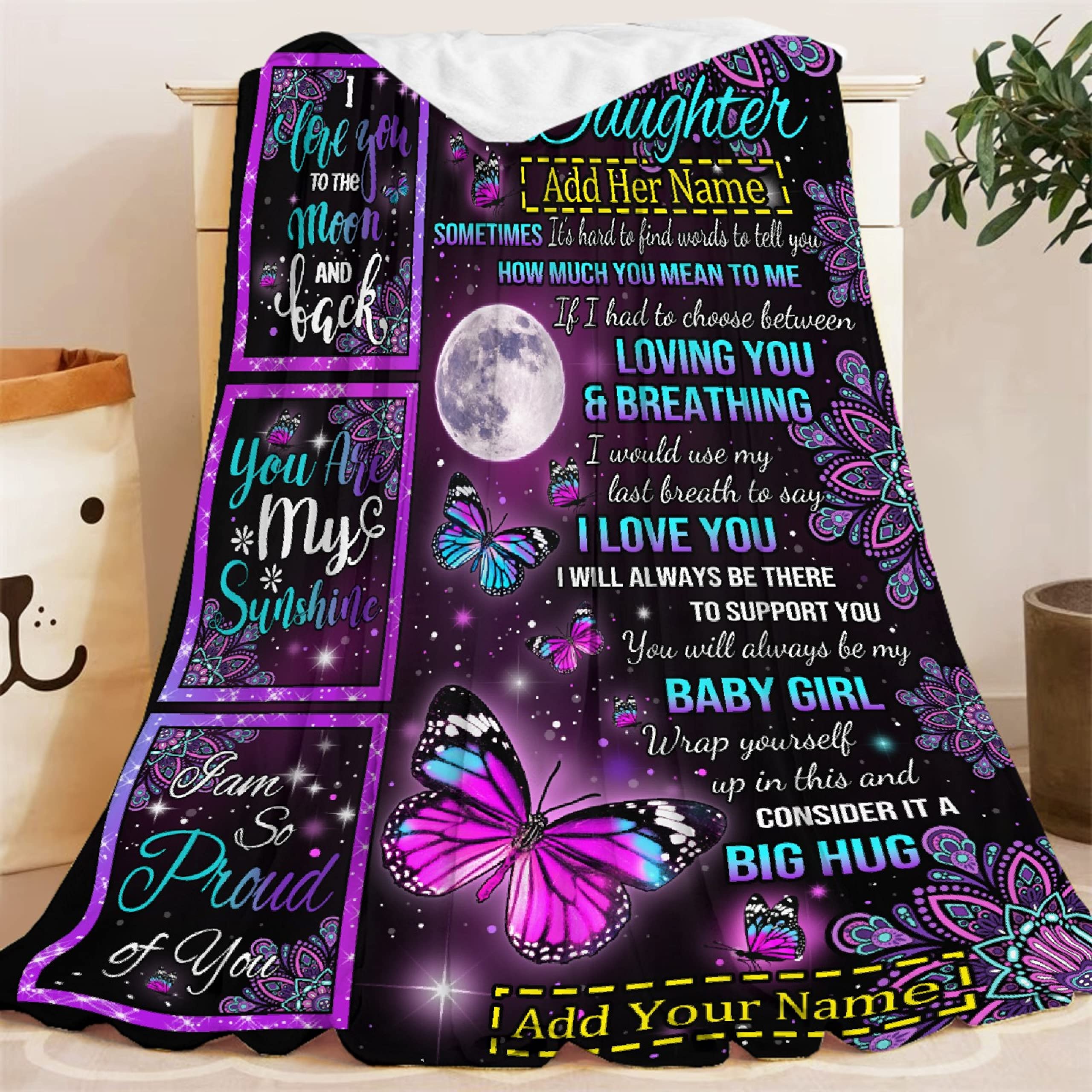 Personalized Custom Fleece Blanket for Daughter with Name - 90x120 Inches Super Soft Lightweight Flannel Throw - Perfect Gift from Mom & Dad for Birthday, Father's Day - Cozy for Bed, Couch, and Summer Nights