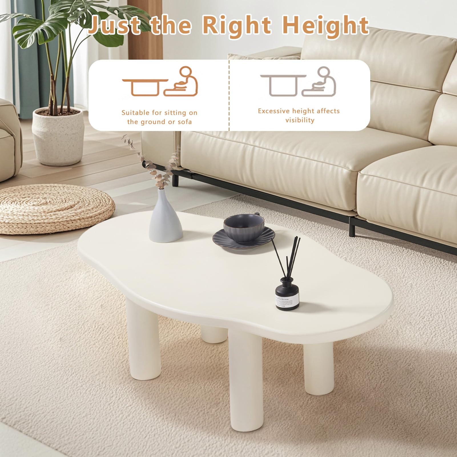 MAXYOYO White Cloud Coffee Table - Unique Irregular Shape with 4 Sturdy Legs | Modern Living Room Centerpiece for Small Spaces & Cozy Home Decor