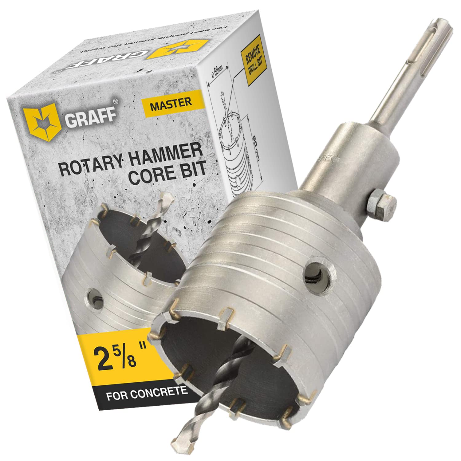 2 5/8 Inch SDS Plus Core Drill Bit for Concrete & Masonry - Heavy Duty Rotary Hammer Drill Hole Saw for Cement, Brick, Silicate - 68mm Diameter with 8x110mm Center Pilot Bit - Perfect for Construction, Renovation & Plumbing Projects
